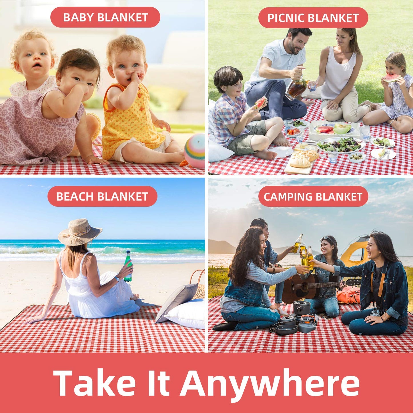 ZAZE XL Picnic Blanket 80"x80" — Waterproof, Foldable, Gingham Style for Beach, Camping, or Garden | Ideal for Couples, Weddings, and Green Gifts (Green/White)