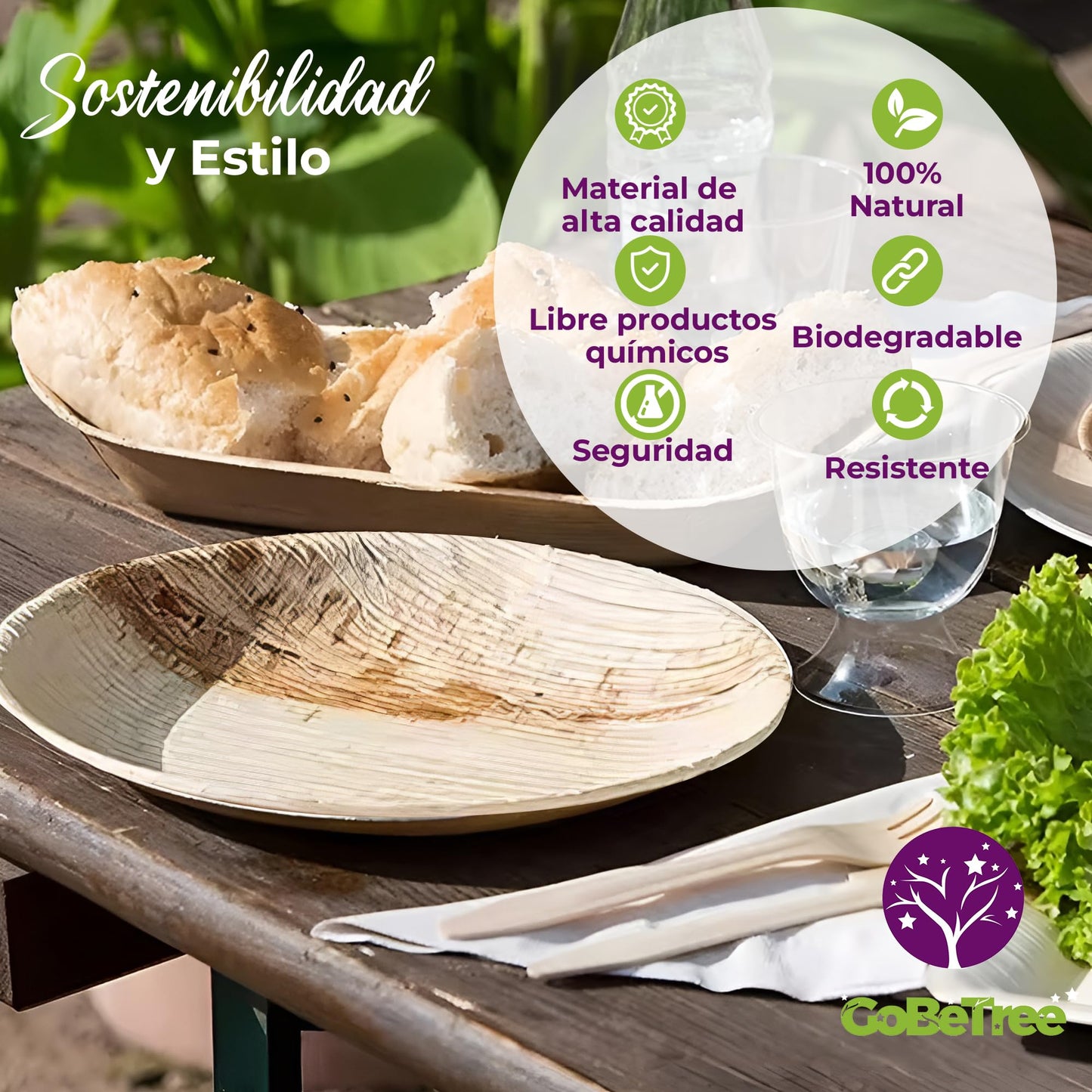 Eco-friendly pack: 25 palm plates 25 cm + 75 compostable wooden cutlery