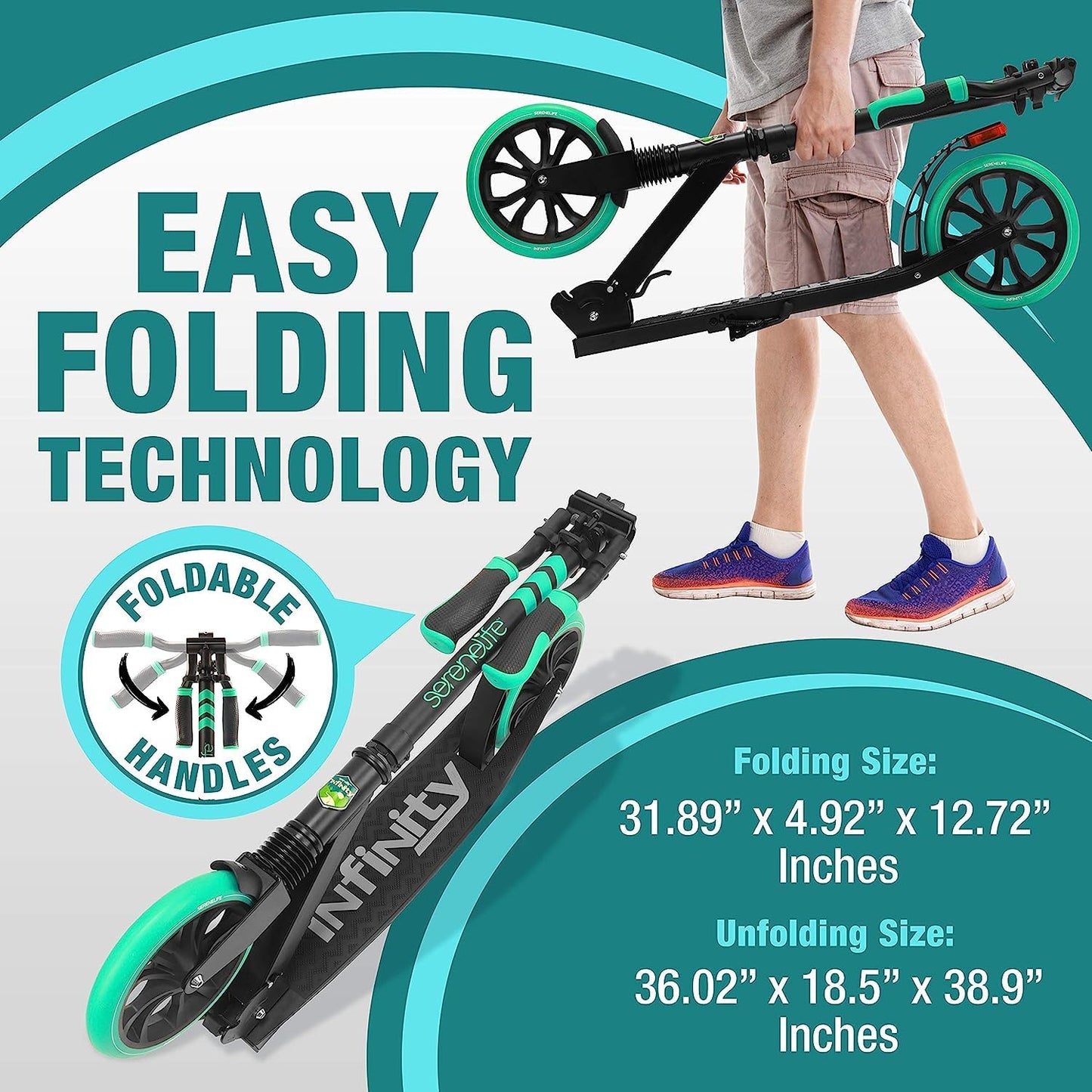 SereneLife Kick Scooter Adult Teenagers Kids- 2 Wheel Kids Scooter with Adjustable T-Bar Handlebar - Alloy Anti-Slip Deck - Portable Folding Scooters for Kids with Carrying Strap