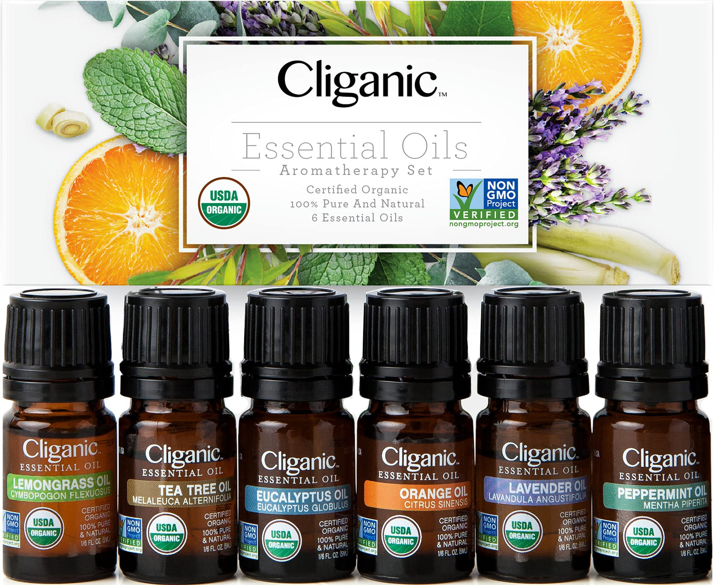 Cliganic Organic Essential Oils Set (Top 5) - 100% Pure Natural - Aromatherapy, Candle Making - Peppermint, Lavender, Eucalyptus, Lemongrass & Orange (Packaging May Vary)