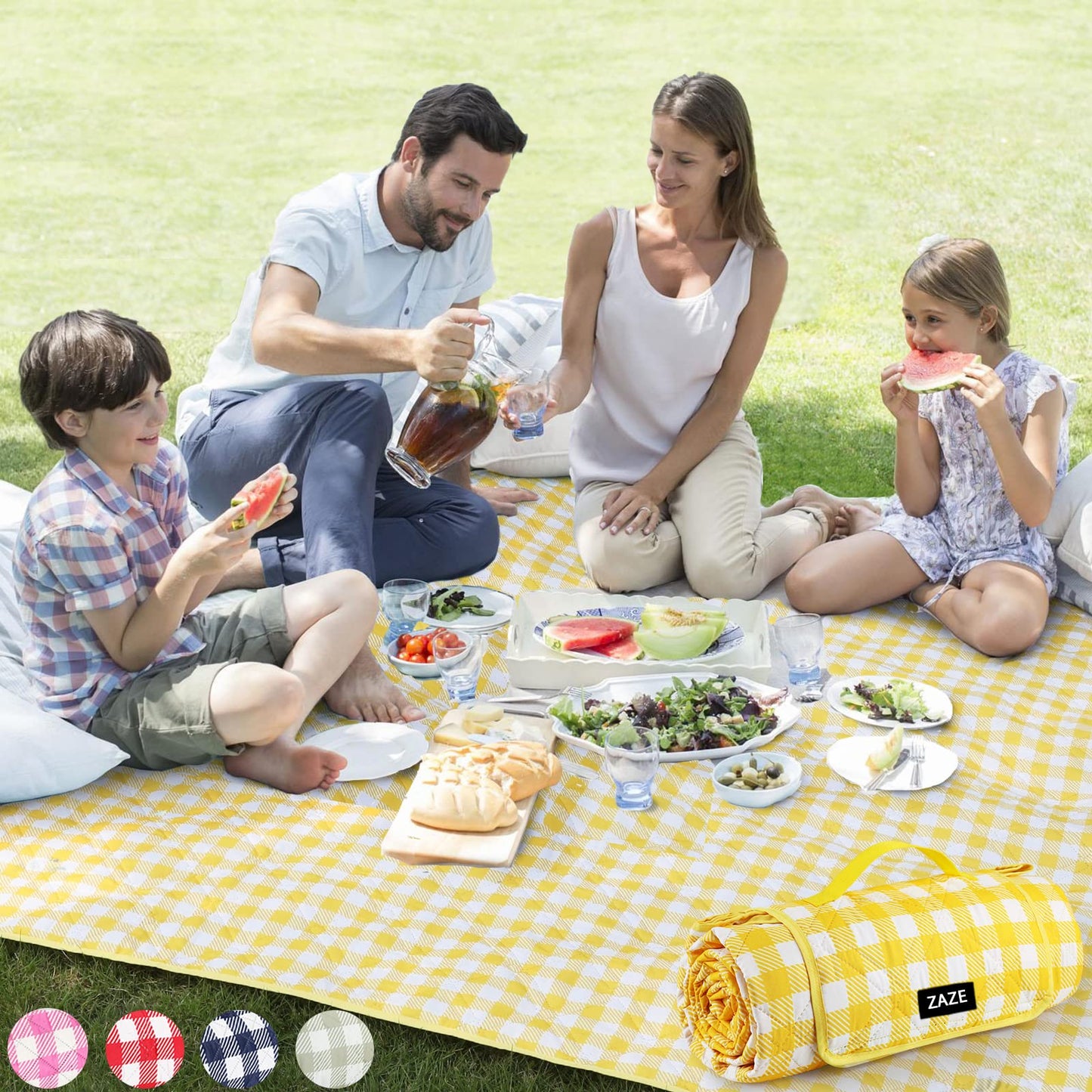 ZAZE XL Picnic Blanket 80"x80" — Waterproof, Foldable, Gingham Style for Beach, Camping, or Garden | Ideal for Couples, Weddings, and Green Gifts (Green/White)