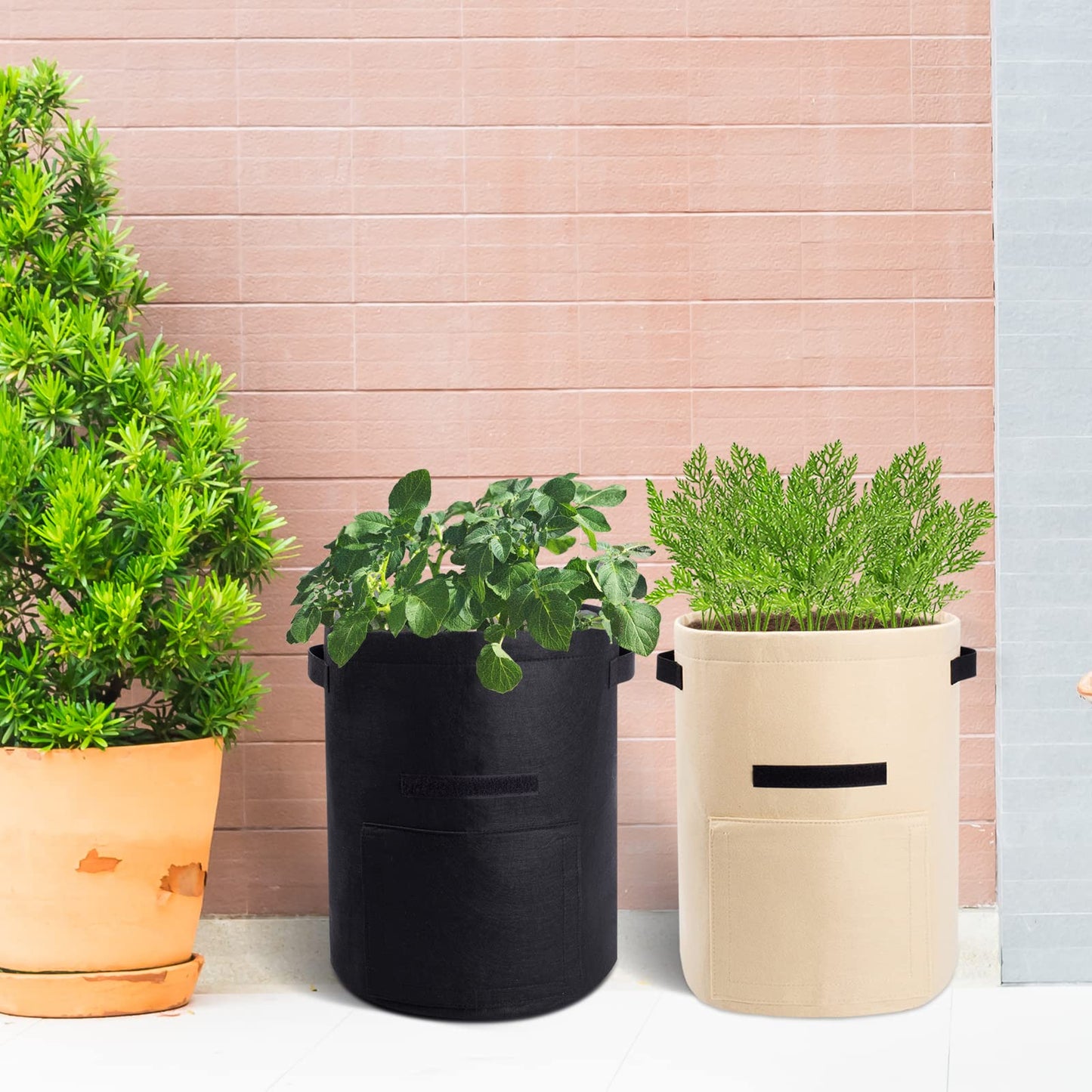 Potato Grow Bags with Flap 10 Gallon, 4 Pack Planter Pot with Handles and Harvest Window for Potato Tomato and Vegetables, Black and Gray
