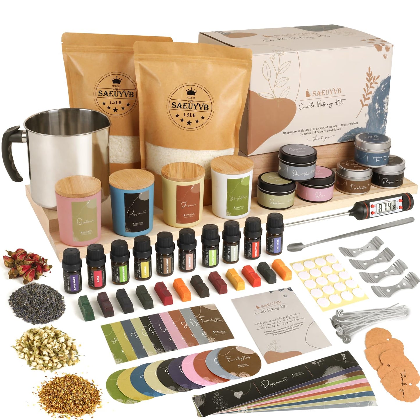 SAEUYVB Candle Making Kit - DIY Starter Soy Candle Making Supplies/Kit - Soy Wax, 10 Jars & Tins, 10 Pleasant Scents, Color Dyes & More,Perfect Candle Making Kit for Adults