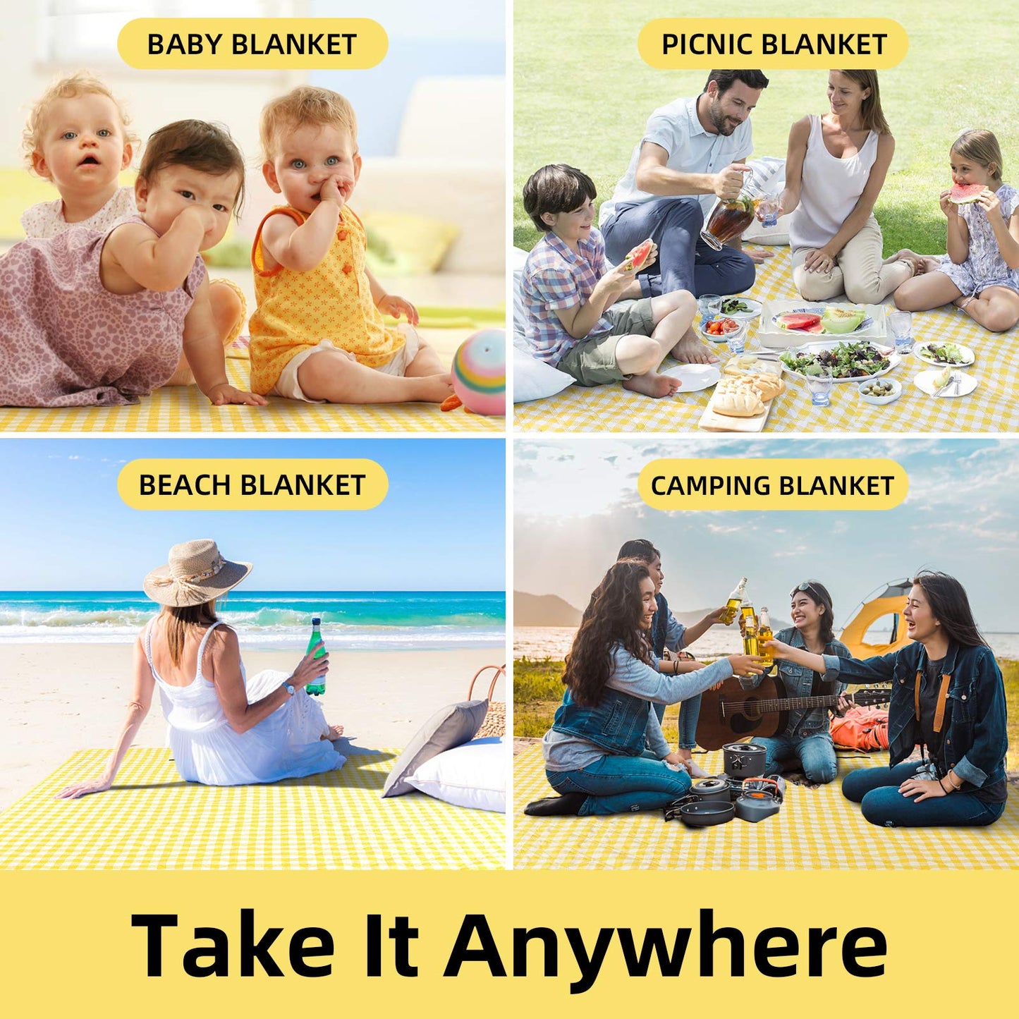 ZAZE XL Picnic Blanket 80"x80" — Waterproof, Foldable, Gingham Style for Beach, Camping, or Garden | Ideal for Couples, Weddings, and Green Gifts (Green/White)