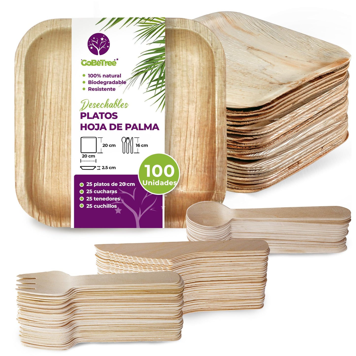 Eco-friendly pack: 25 palm plates 25 cm + 75 compostable wooden cutlery