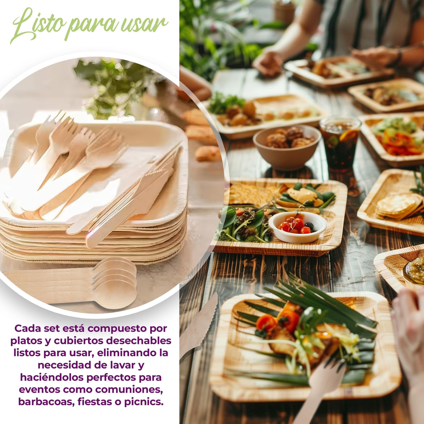 Eco-friendly pack: 25 palm plates 25 cm + 75 compostable wooden cutlery