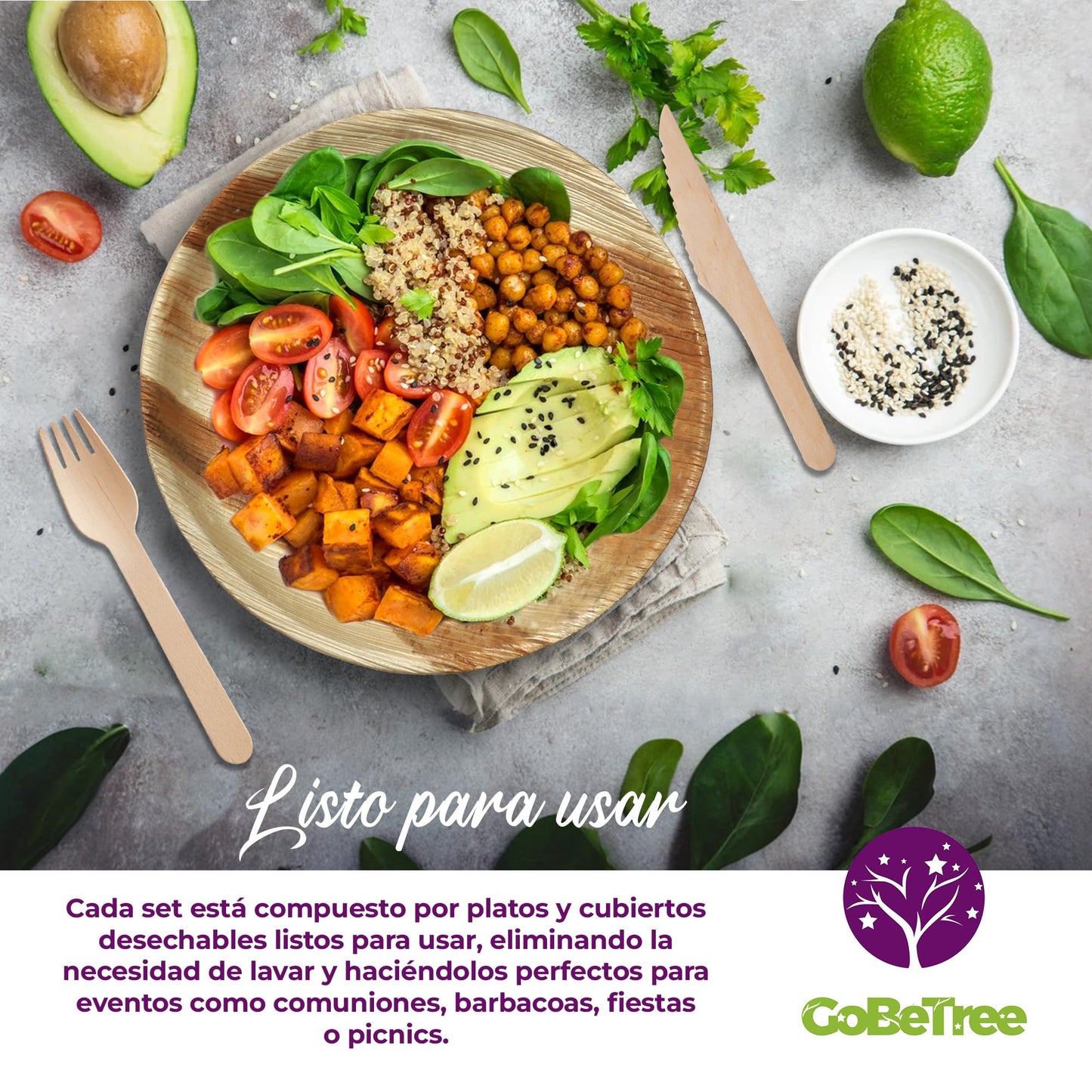 Eco-friendly pack: 25 palm plates 25 cm + 75 compostable wooden cutlery
