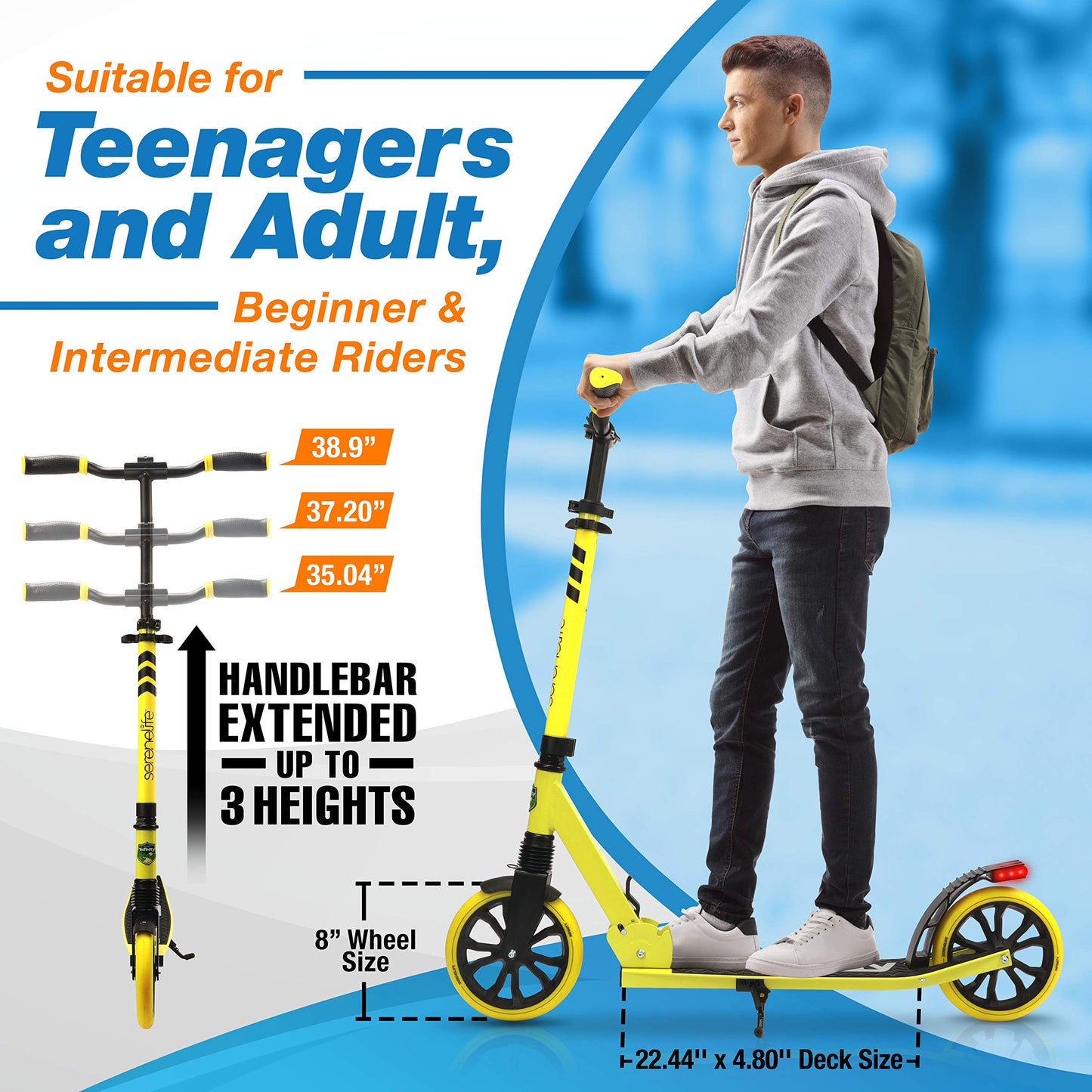 SereneLife Kick Scooter Adult Teenagers Kids- 2 Wheel Kids Scooter with Adjustable T-Bar Handlebar - Alloy Anti-Slip Deck - Portable Folding Scooters for Kids with Carrying Strap