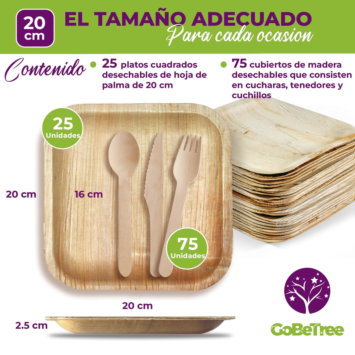 Eco-friendly pack: 25 palm plates 25 cm + 75 compostable wooden cutlery