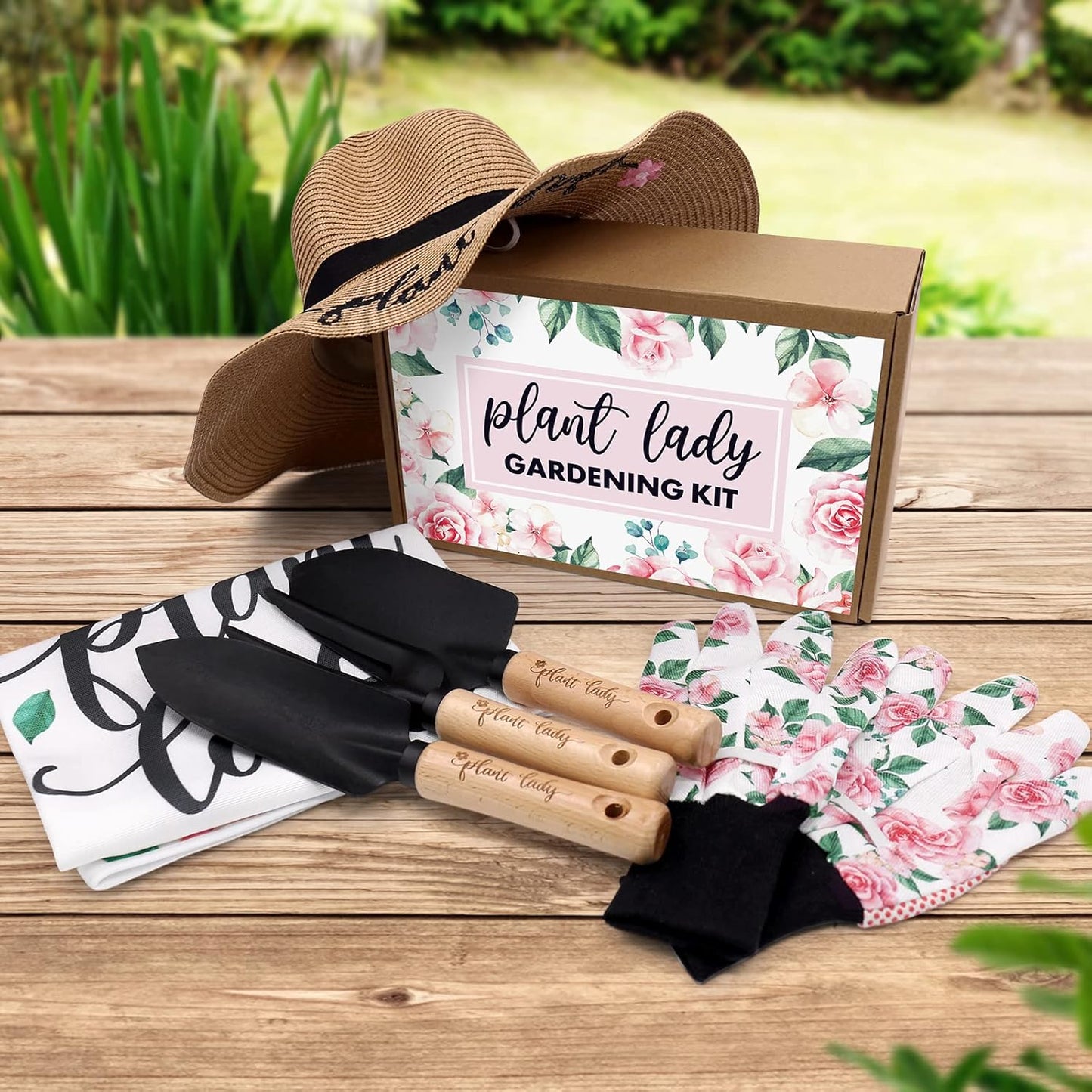 Percozzi Plant Lady Gardening Gifts for Women Gardening Tools Kit with Planting Tools Straw Hat Floral Apron Glove for Her Spring Outdoor Grandmother Horticulture Starter Set of 6