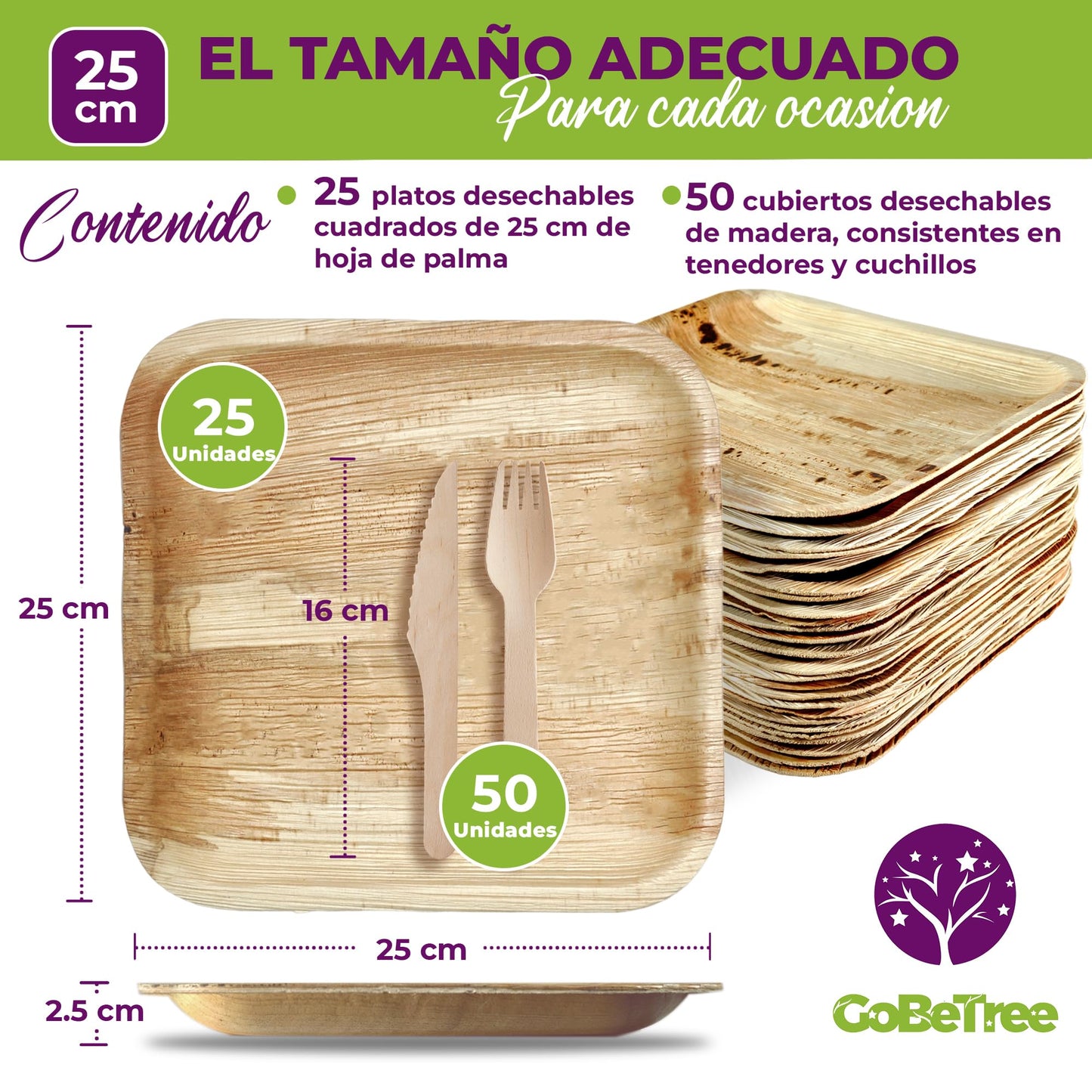 Eco-friendly pack: 25 palm plates 25 cm + 75 compostable wooden cutlery