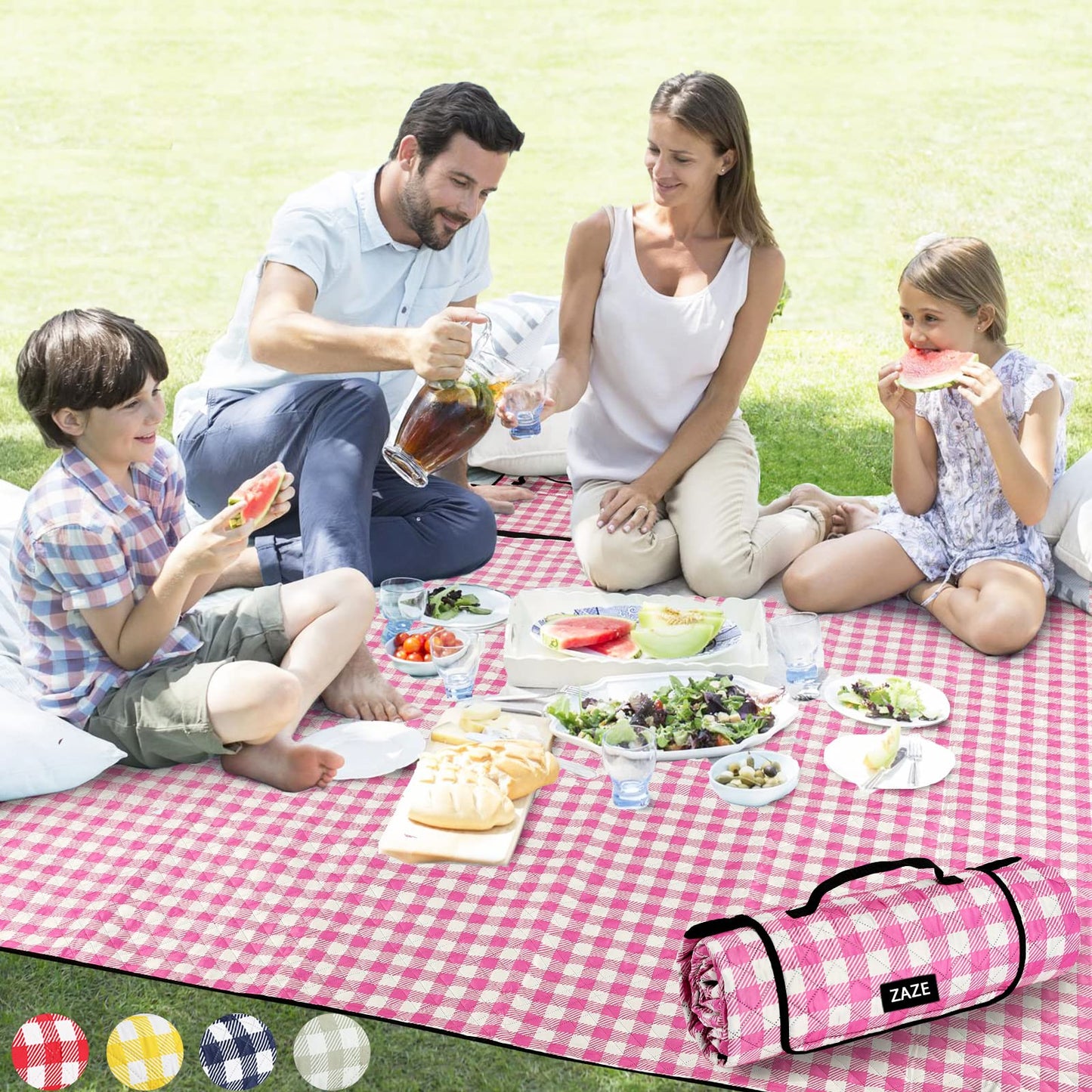 ZAZE XL Picnic Blanket 80"x80" — Waterproof, Foldable, Gingham Style for Beach, Camping, or Garden | Ideal for Couples, Weddings, and Green Gifts (Green/White)