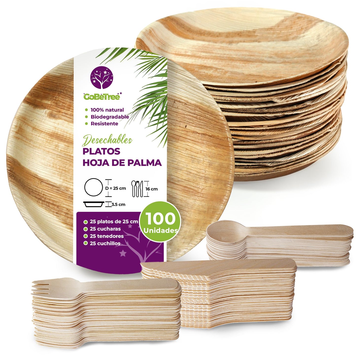 Eco-friendly pack: 25 palm plates 25 cm + 75 compostable wooden cutlery
