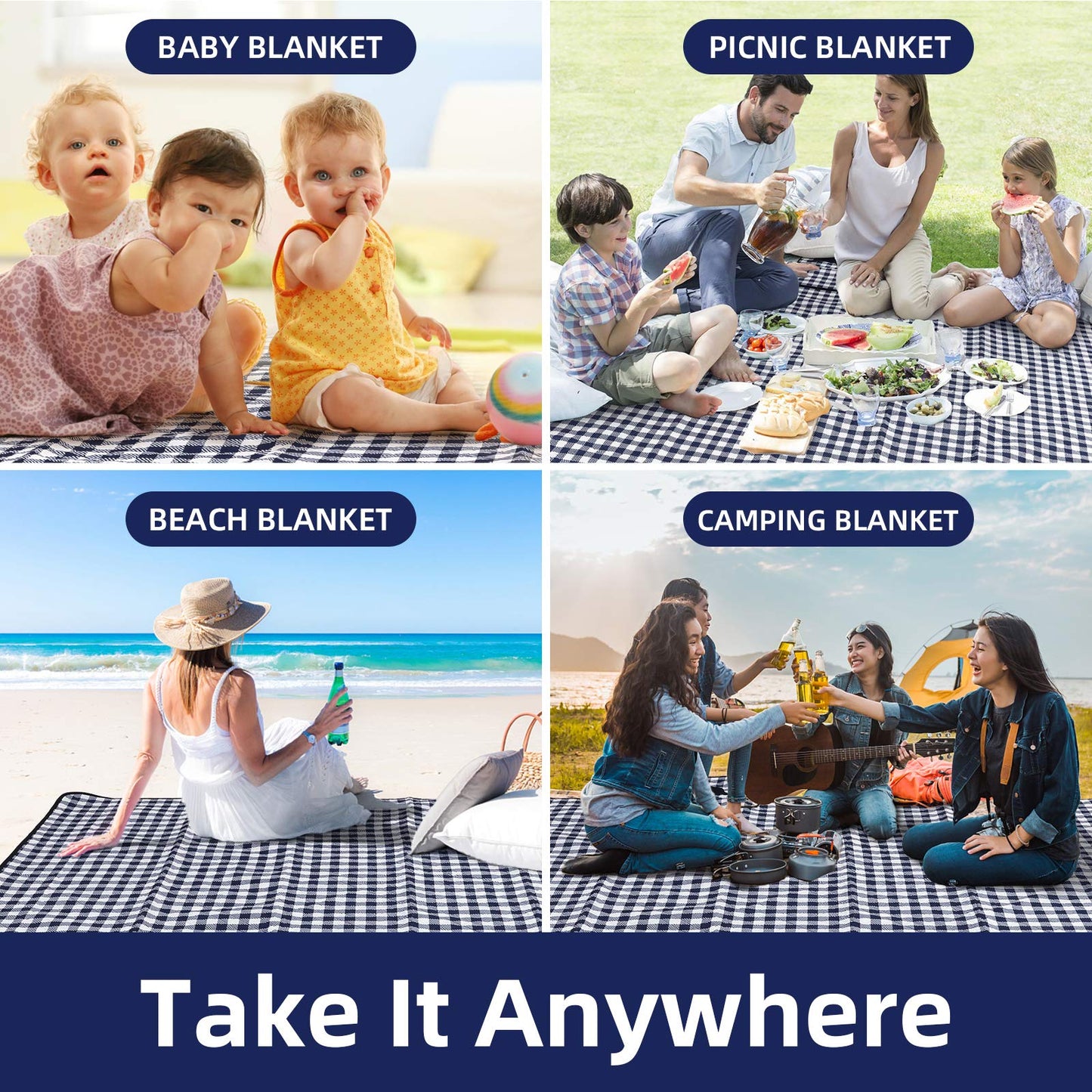 ZAZE XL Picnic Blanket 80"x80" — Waterproof, Foldable, Gingham Style for Beach, Camping, or Garden | Ideal for Couples, Weddings, and Green Gifts (Green/White)