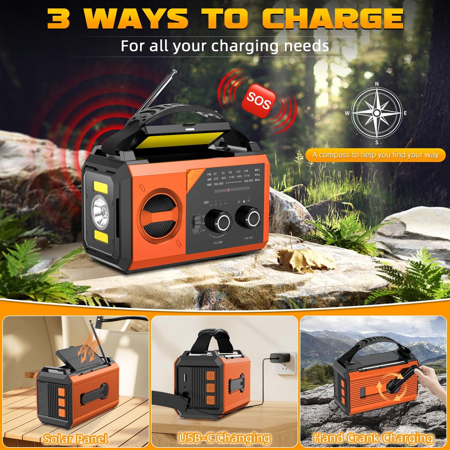 20000mAh Hand Crank Emergency Radio,AM/FM NOAA Weather Radio with 74000mWh Power Bank Cell Phone Charger,Solar Radio with LED Flashlight,USB Charged,Compass,SOS Alarm Camping & Survival(Grass Green)