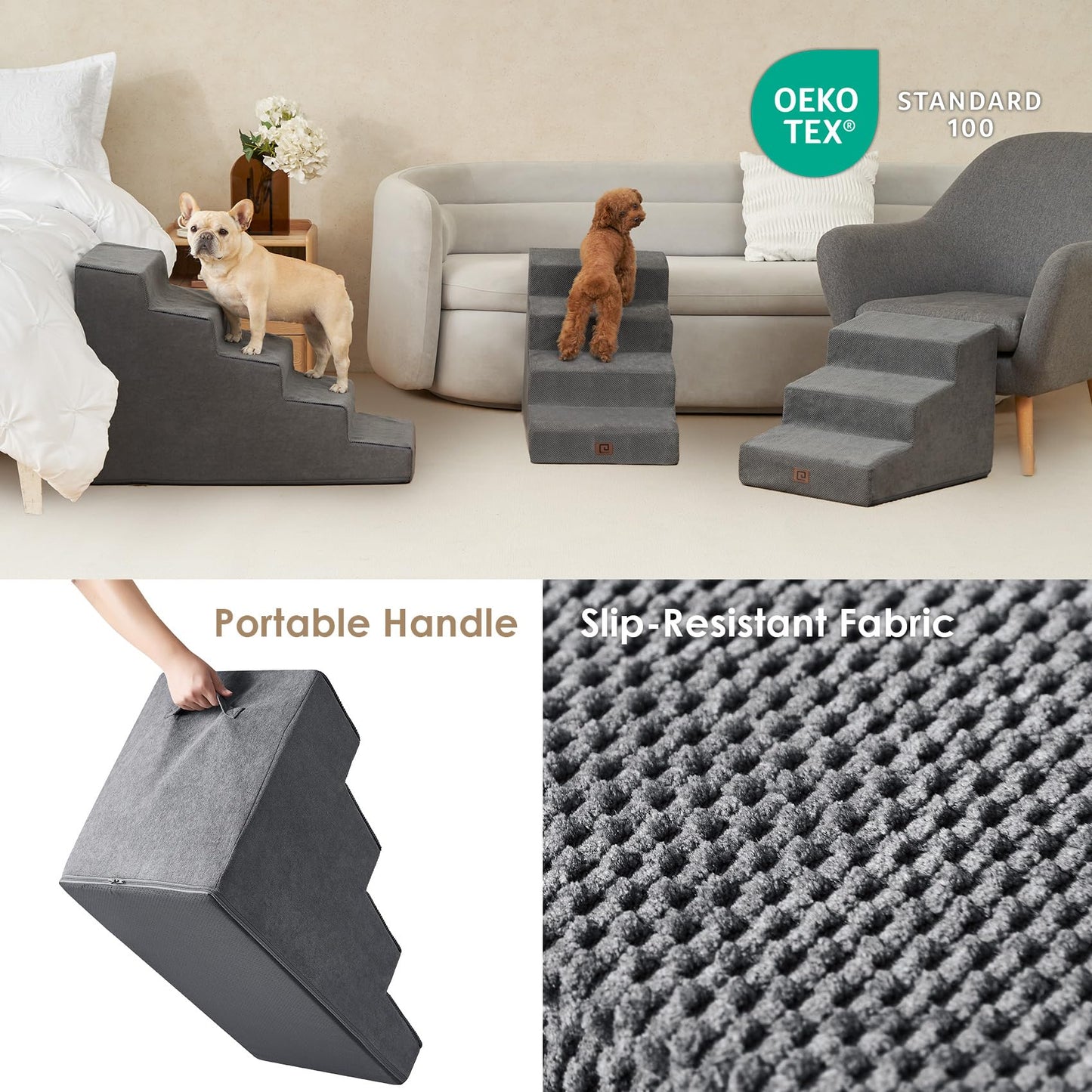EHEYCIGA Dog Stairs for Bed 18”H, 4-Step Dog Steps for High Bed, Pet Steps for Small Dogs and Cats, Non-Slip Balanced Pet Ramp Indoor, Grey