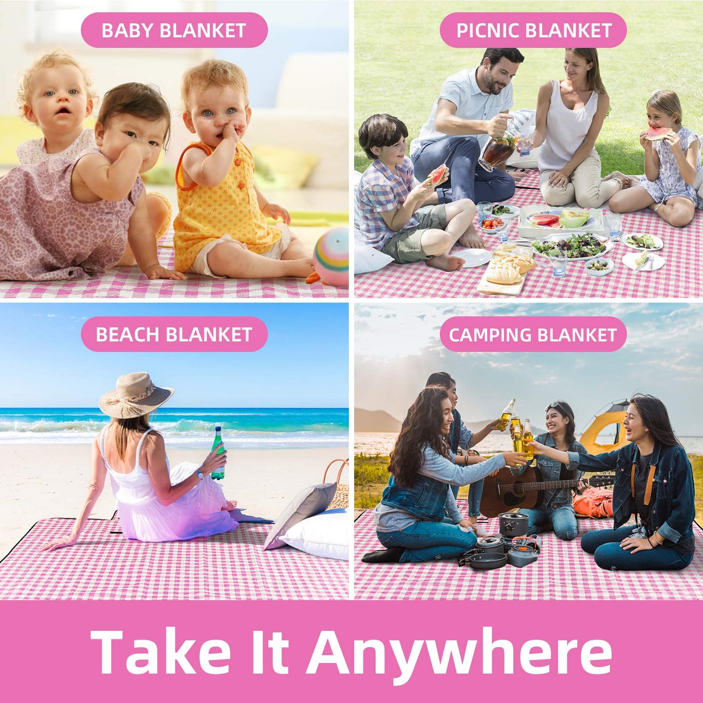 ZAZE XL Picnic Blanket 80"x80" — Waterproof, Foldable, Gingham Style for Beach, Camping, or Garden | Ideal for Couples, Weddings, and Green Gifts (Green/White)