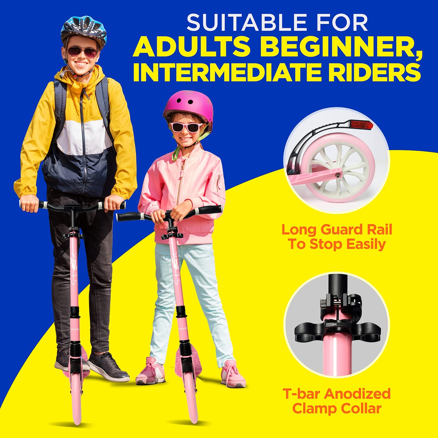 SereneLife Kick Scooter Adult Teenagers Kids- 2 Wheel Kids Scooter with Adjustable T-Bar Handlebar - Alloy Anti-Slip Deck - Portable Folding Scooters for Kids with Carrying Strap