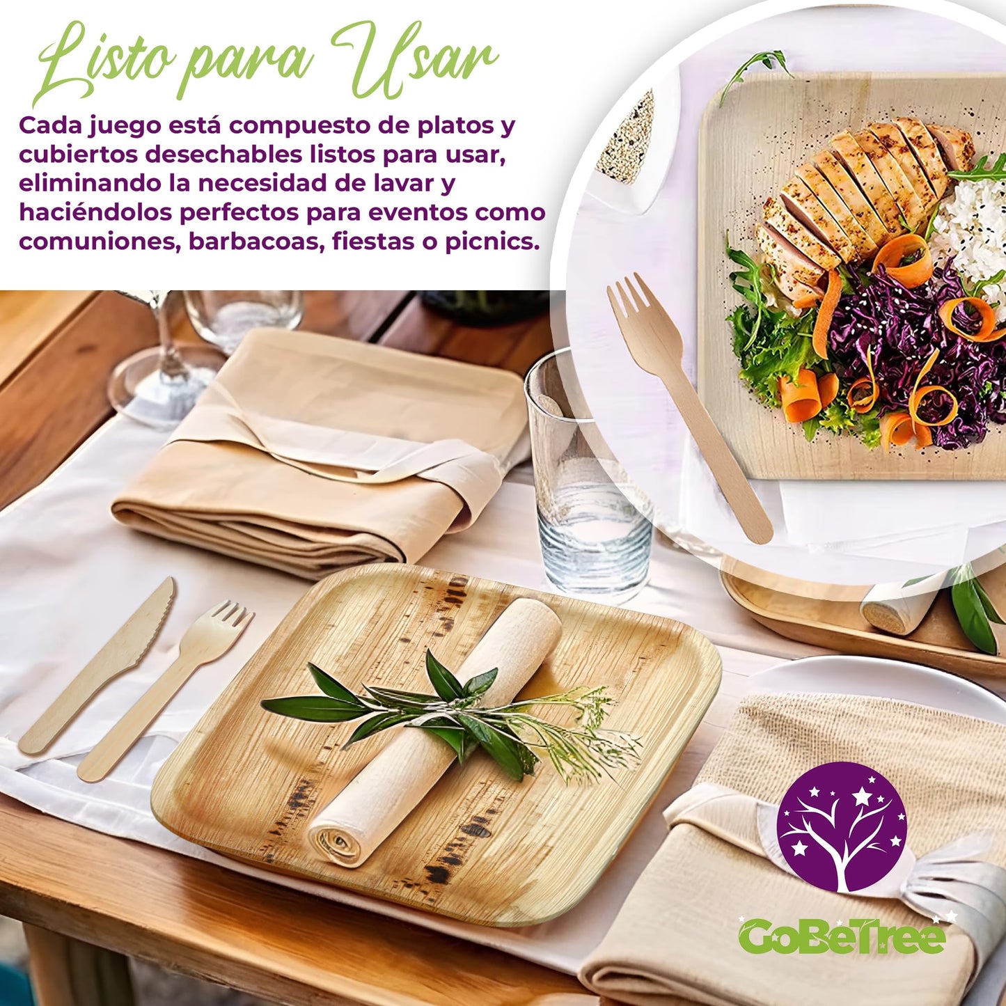 Eco-friendly pack: 25 palm plates 25 cm + 75 compostable wooden cutlery
