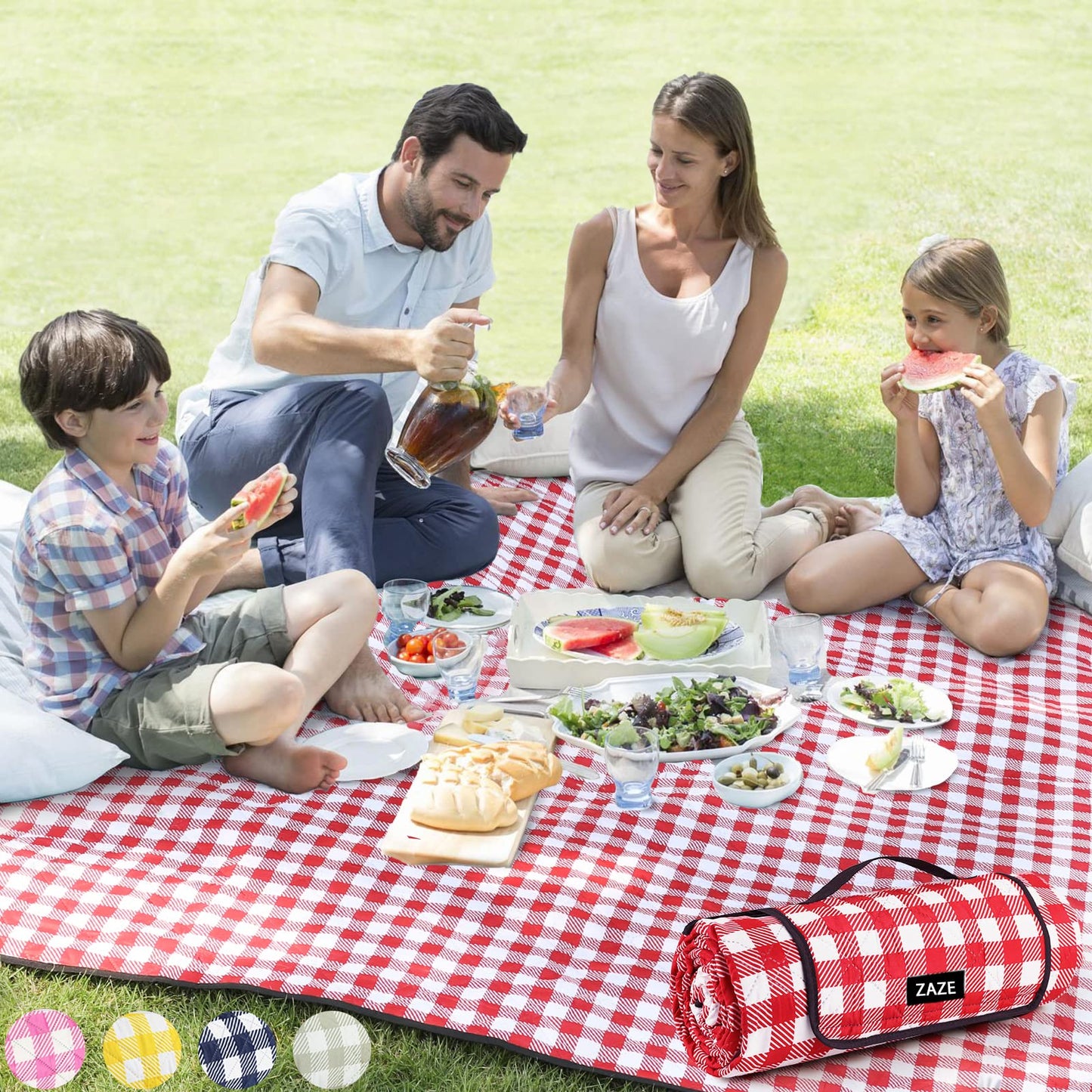 ZAZE XL Picnic Blanket 80"x80" — Waterproof, Foldable, Gingham Style for Beach, Camping, or Garden | Ideal for Couples, Weddings, and Green Gifts (Green/White)