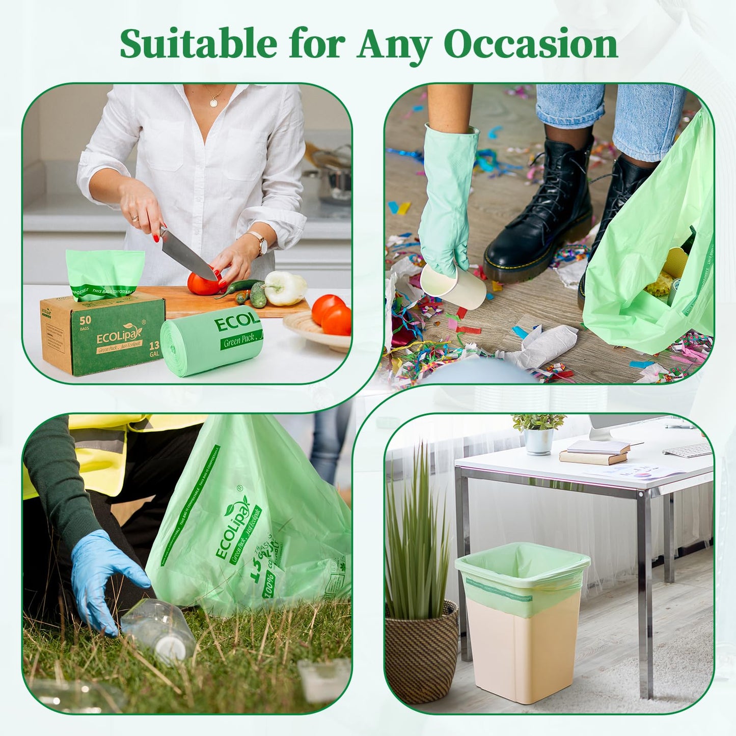 ECOLipak 49L Compostable Trash Bags – 100 Count (2 Rolls), Heavy Duty & Certified for Kitchen & Bathroom