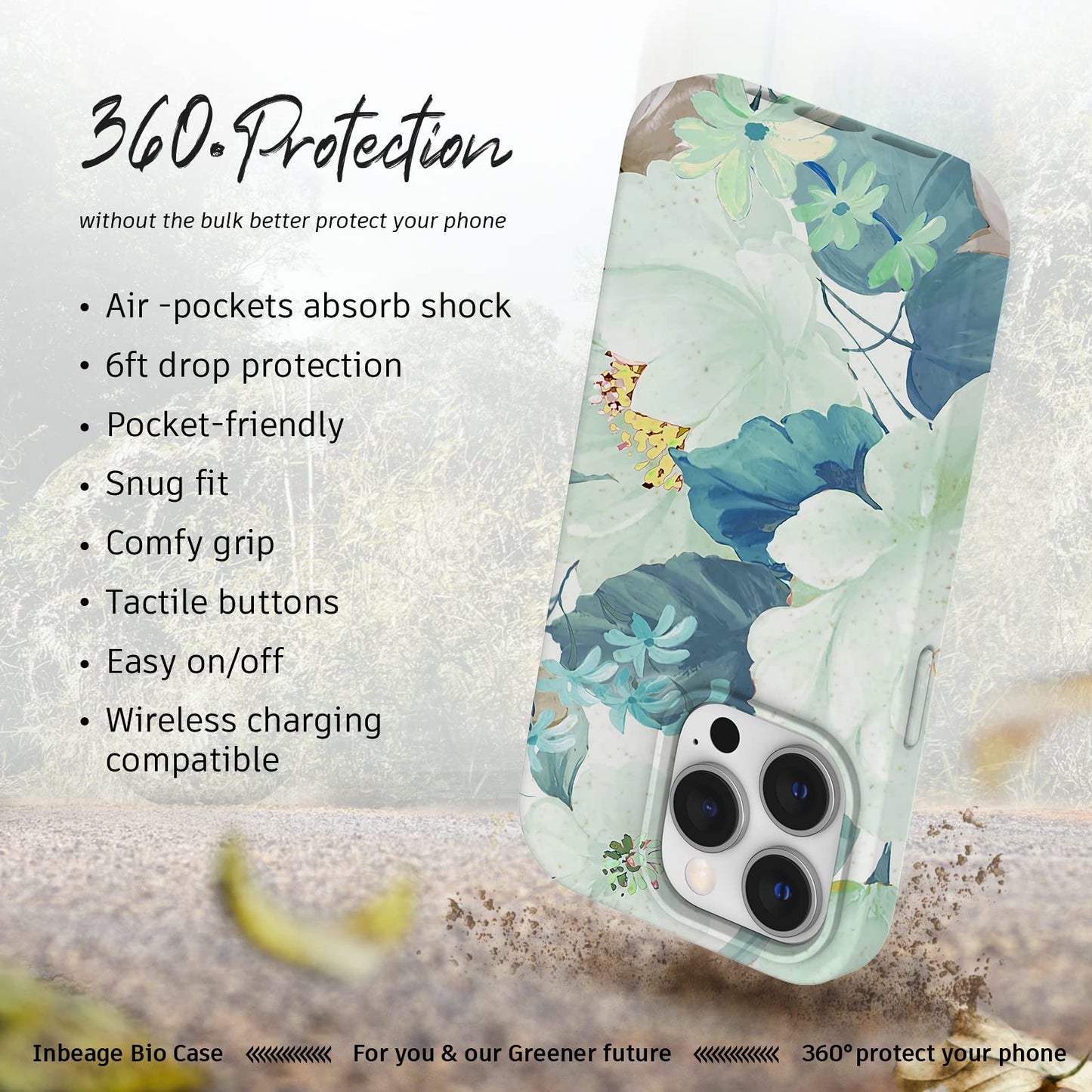 Bio Case for iPhone 14 Pro Case Floral,Made from Plants,100% Biodegradable Cover with Flower Garden Full Body Patterns, Eco-Friendly and Compostable,6.1 Inch,2022 (Pattern-Green Flower)
