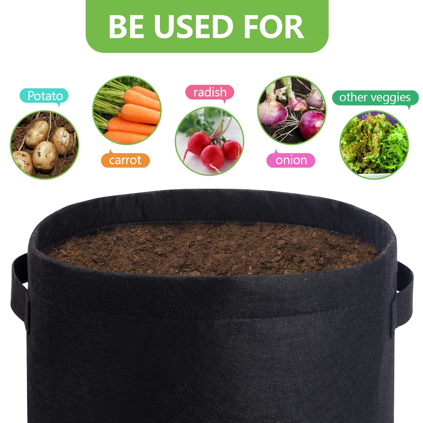 Potato Grow Bags with Flap 10 Gallon, 4 Pack Planter Pot with Handles and Harvest Window for Potato Tomato and Vegetables, Black and Gray