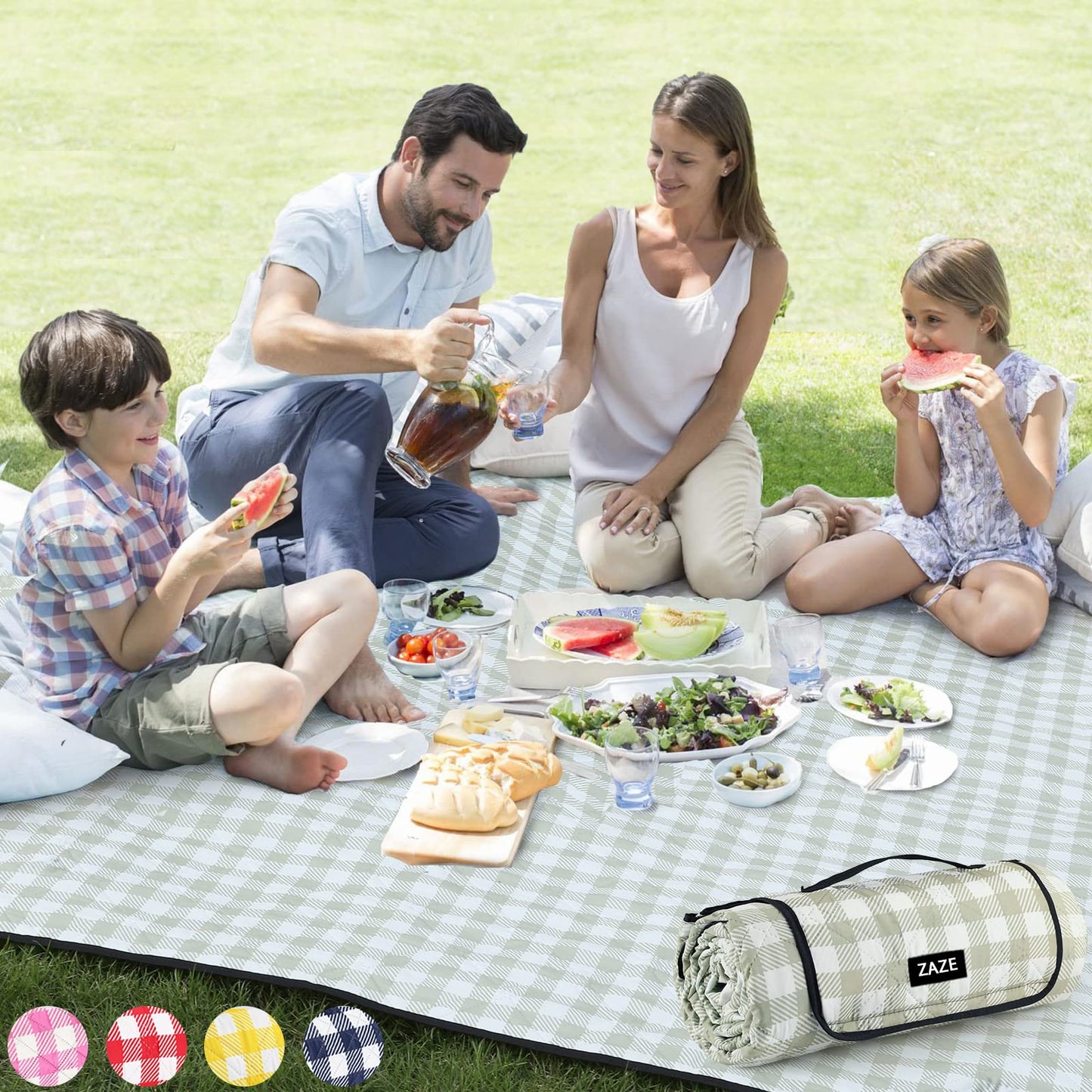 ZAZE XL Picnic Blanket 80"x80" — Waterproof, Foldable, Gingham Style for Beach, Camping, or Garden | Ideal for Couples, Weddings, and Green Gifts (Green/White)