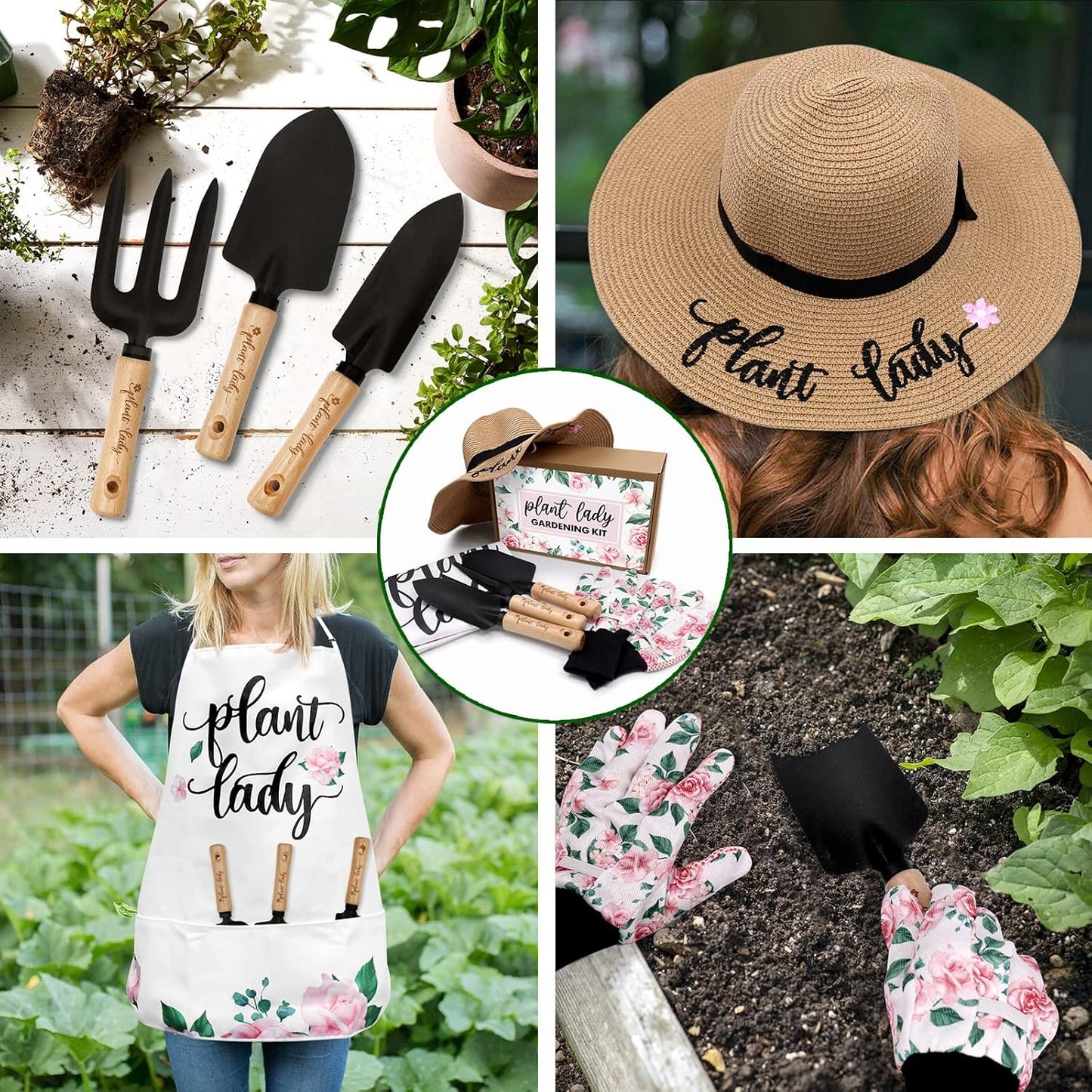 Percozzi Plant Lady Gardening Gifts for Women Gardening Tools Kit with Planting Tools Straw Hat Floral Apron Glove for Her Spring Outdoor Grandmother Horticulture Starter Set of 6