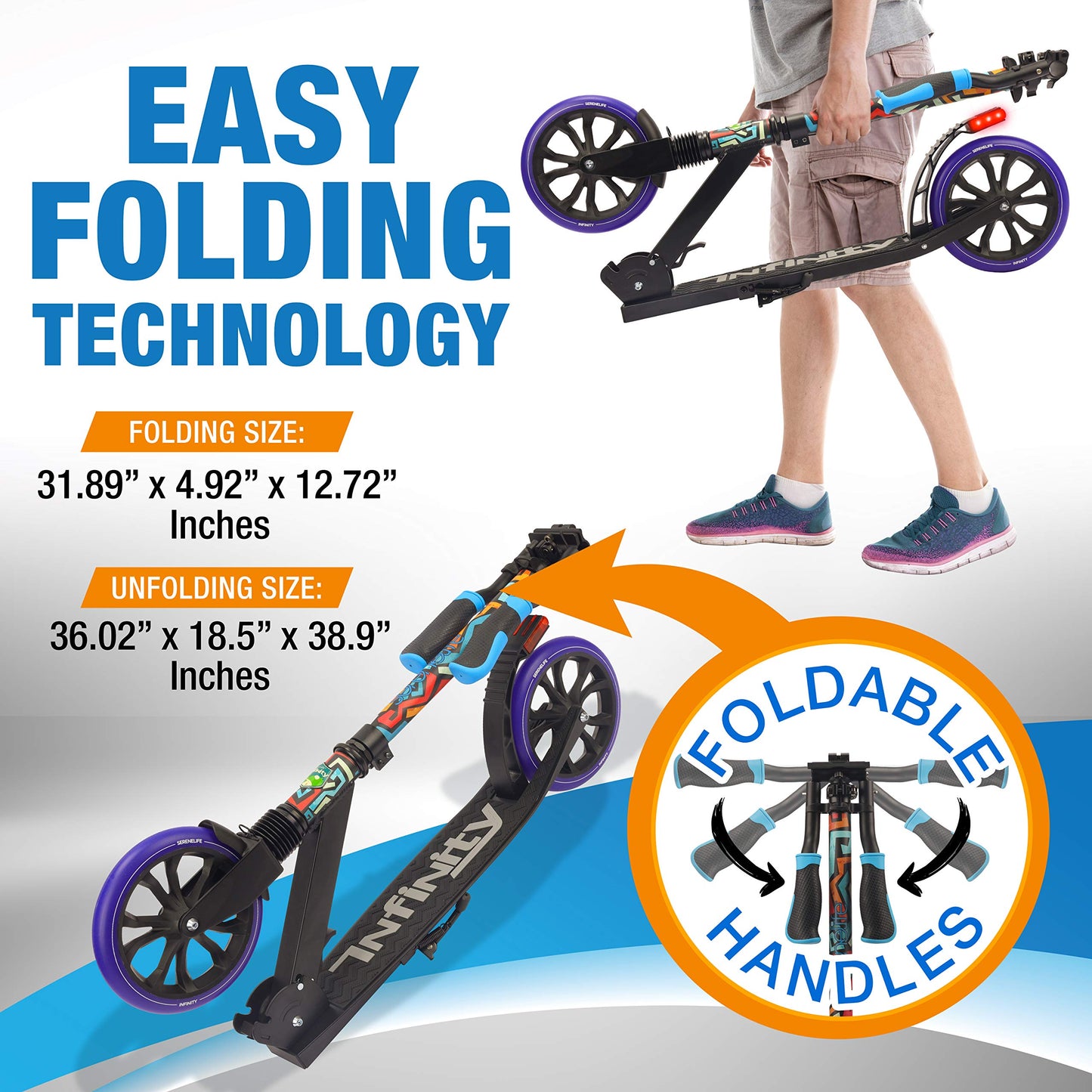 SereneLife Kick Scooter Adult Teenagers Kids- 2 Wheel Kids Scooter with Adjustable T-Bar Handlebar - Alloy Anti-Slip Deck - Portable Folding Scooters for Kids with Carrying Strap