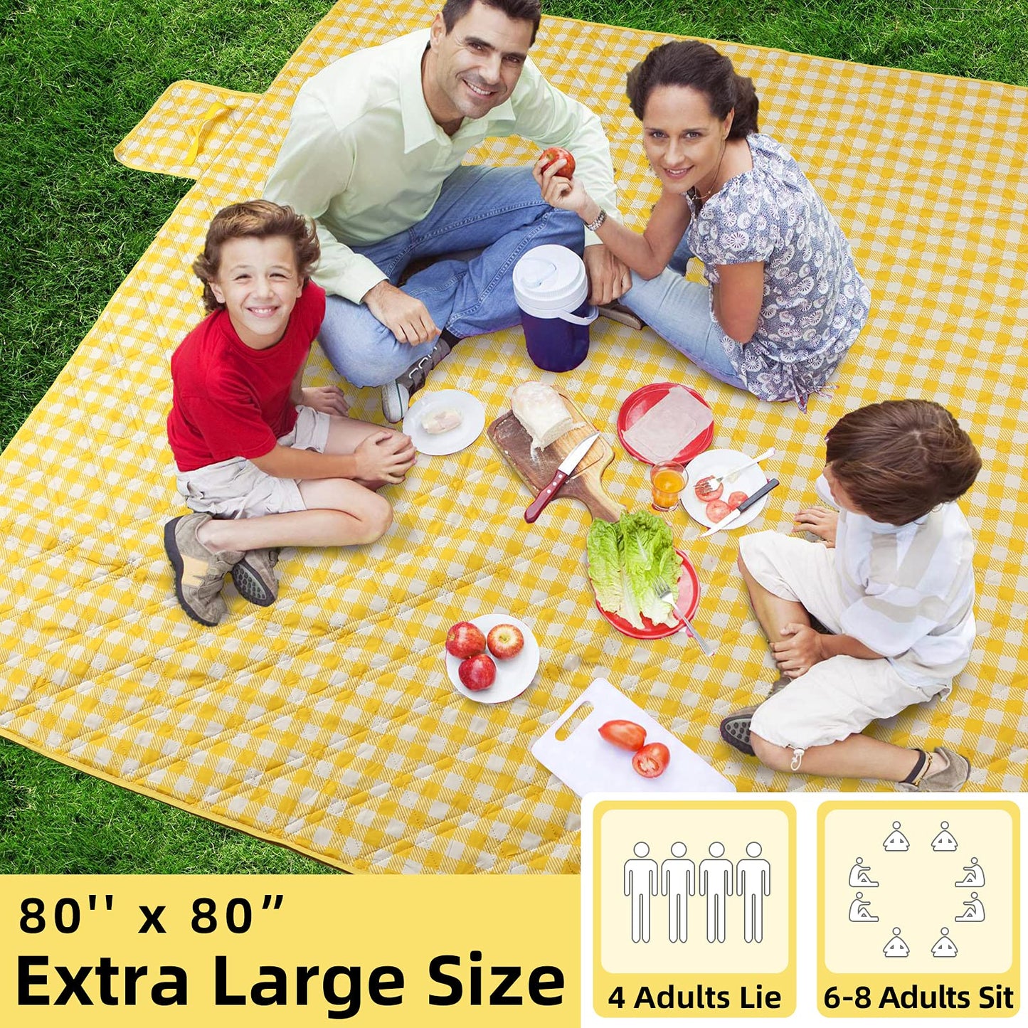 ZAZE XL Picnic Blanket 80"x80" — Waterproof, Foldable, Gingham Style for Beach, Camping, or Garden | Ideal for Couples, Weddings, and Green Gifts (Green/White)
