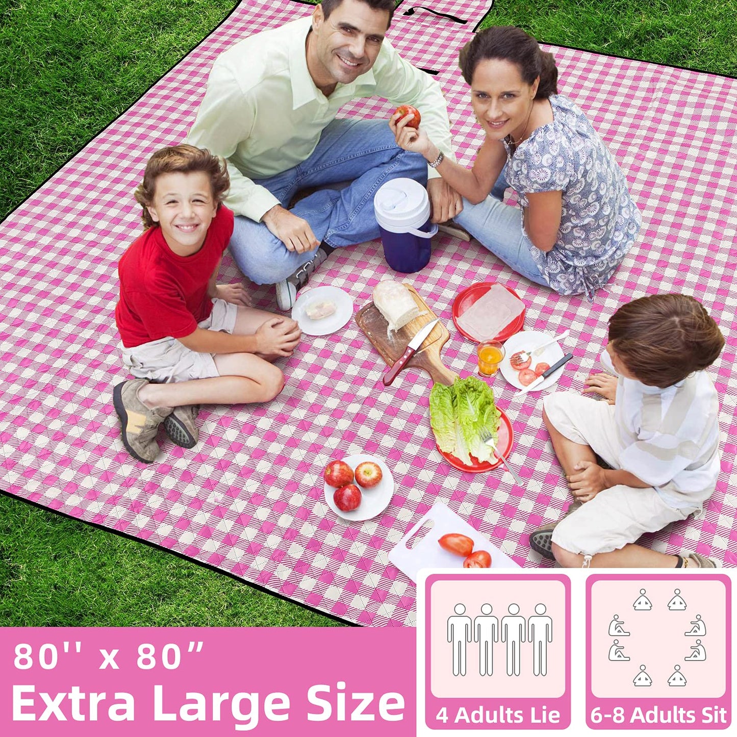ZAZE XL Picnic Blanket 80"x80" — Waterproof, Foldable, Gingham Style for Beach, Camping, or Garden | Ideal for Couples, Weddings, and Green Gifts (Green/White)