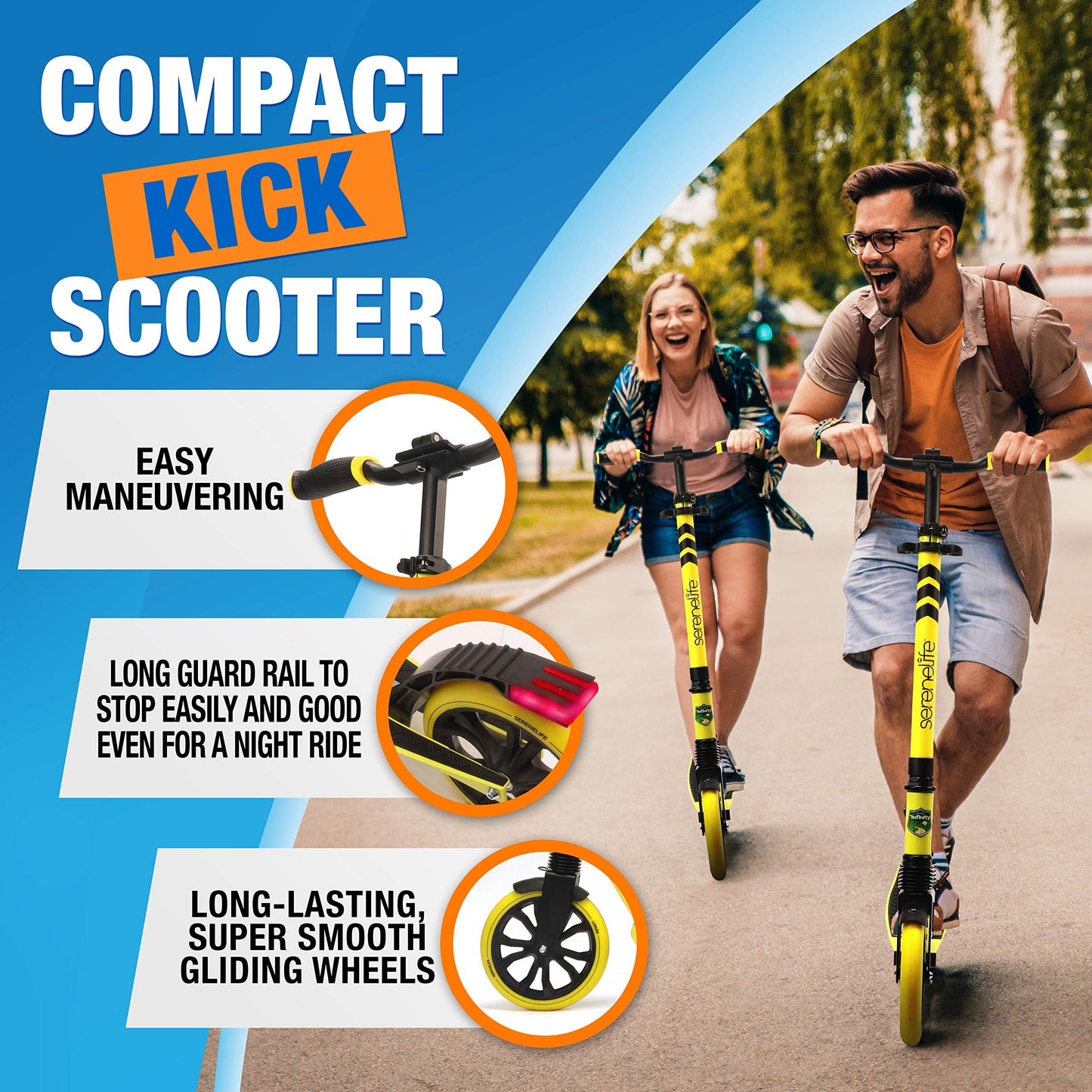 SereneLife Kick Scooter Adult Teenagers Kids- 2 Wheel Kids Scooter with Adjustable T-Bar Handlebar - Alloy Anti-Slip Deck - Portable Folding Scooters for Kids with Carrying Strap