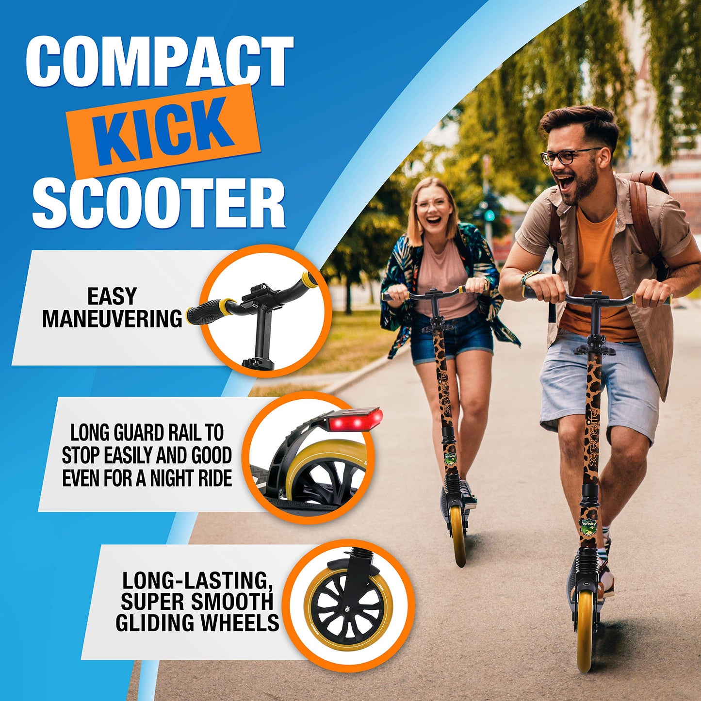 SereneLife Kick Scooter Adult Teenagers Kids- 2 Wheel Kids Scooter with Adjustable T-Bar Handlebar - Alloy Anti-Slip Deck - Portable Folding Scooters for Kids with Carrying Strap