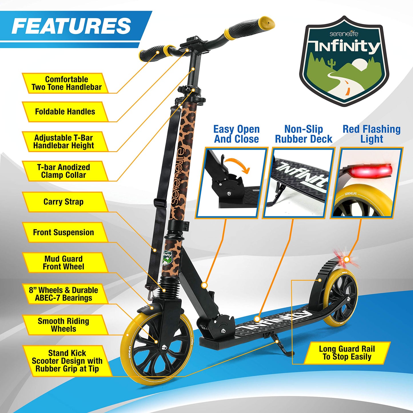 SereneLife Kick Scooter Adult Teenagers Kids- 2 Wheel Kids Scooter with Adjustable T-Bar Handlebar - Alloy Anti-Slip Deck - Portable Folding Scooters for Kids with Carrying Strap