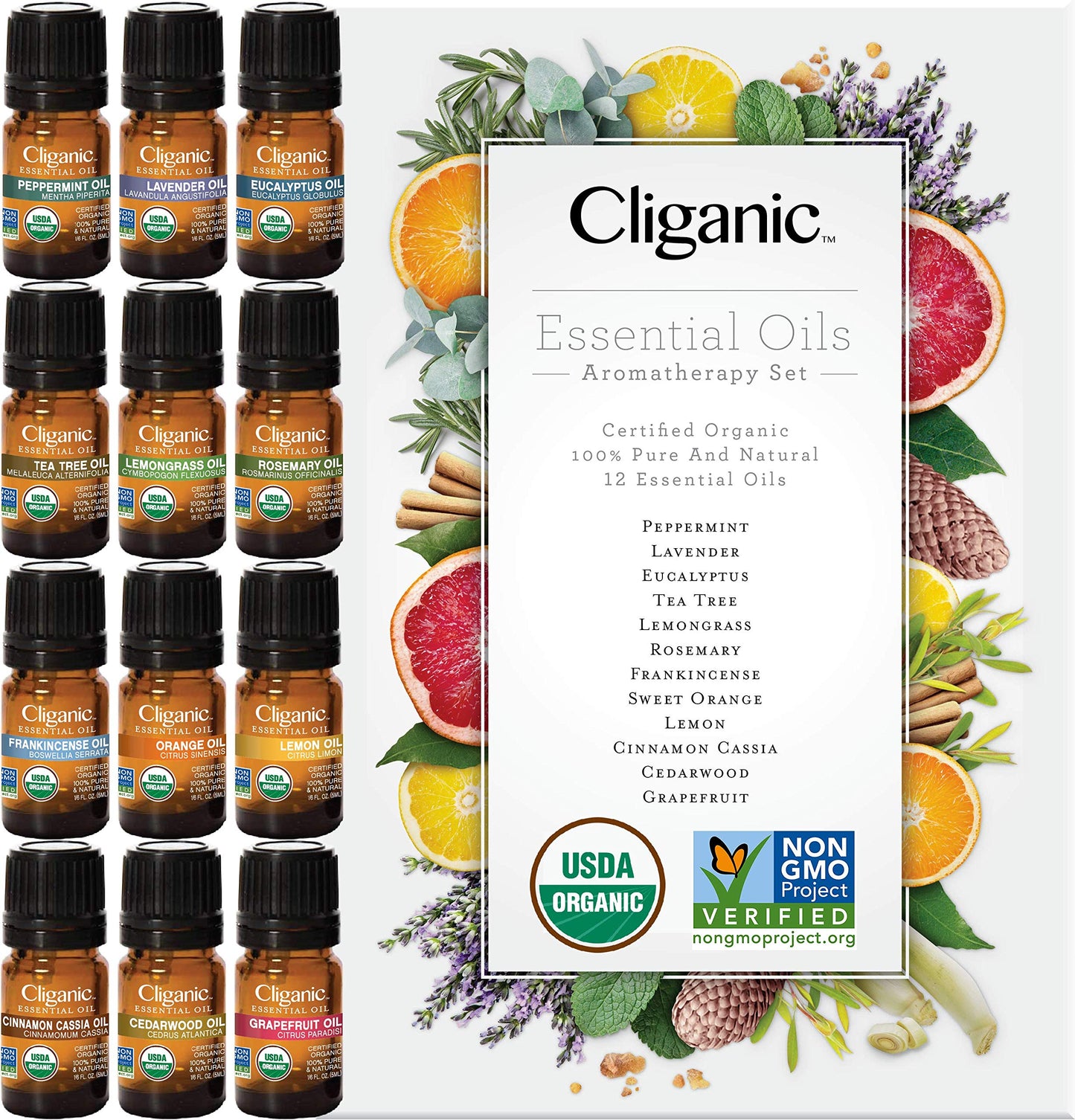 Cliganic Organic Essential Oils Set (Top 5) - 100% Pure Natural - Aromatherapy, Candle Making - Peppermint, Lavender, Eucalyptus, Lemongrass & Orange (Packaging May Vary)