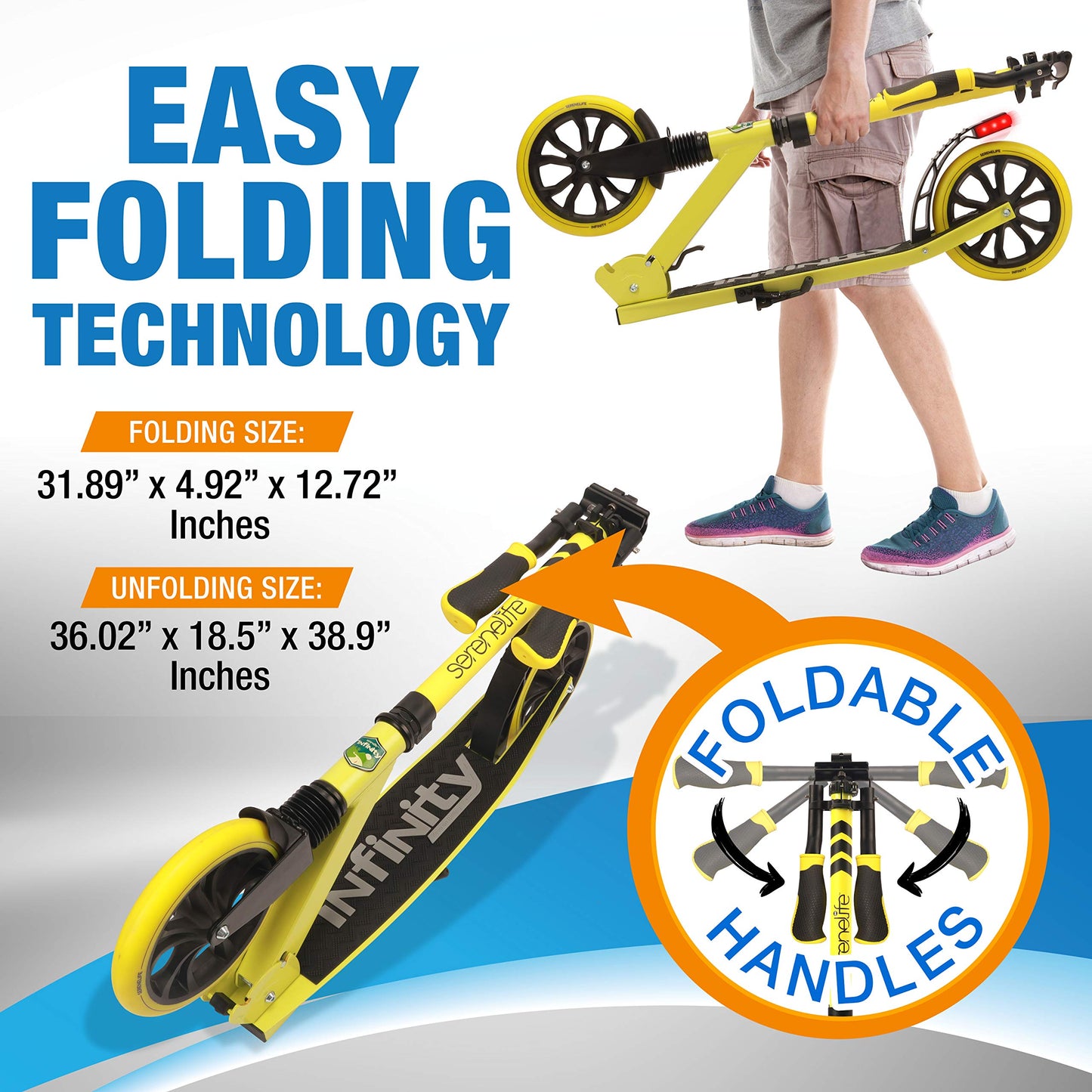SereneLife Kick Scooter Adult Teenagers Kids- 2 Wheel Kids Scooter with Adjustable T-Bar Handlebar - Alloy Anti-Slip Deck - Portable Folding Scooters for Kids with Carrying Strap