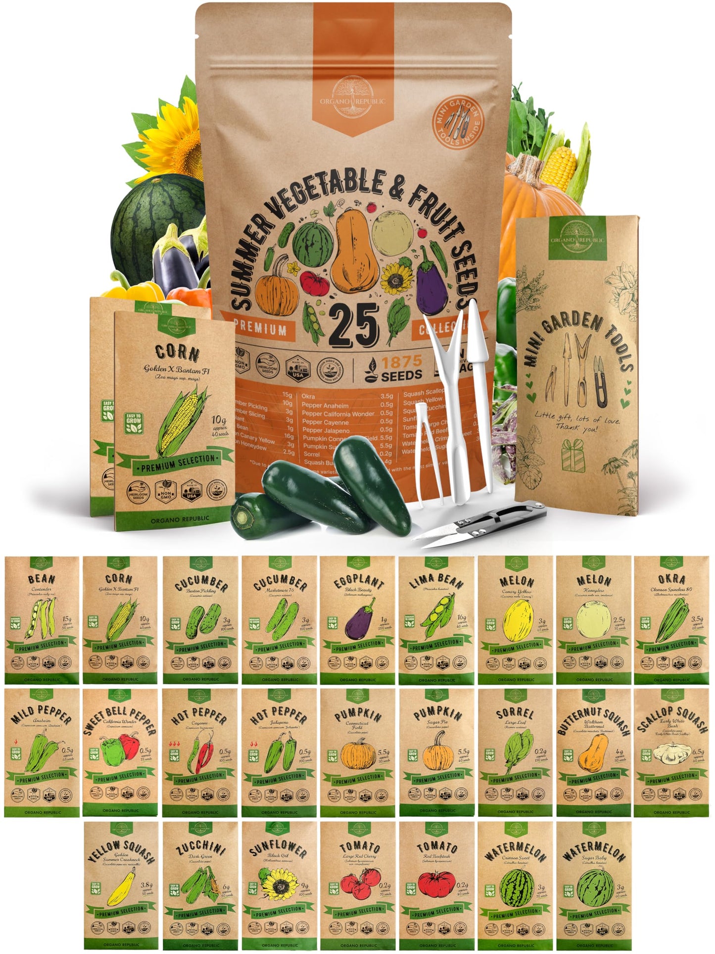 25 Summer Vegetable & Fruit Seeds Variety Pack - 1,870+ Non-GMO Heirloom Veggie & Fruits Seeds for Outdoors and Indoor Home Gardening, Including Collards, Tomato, Pepper, Okra, Onion, Bean, Cucumber
