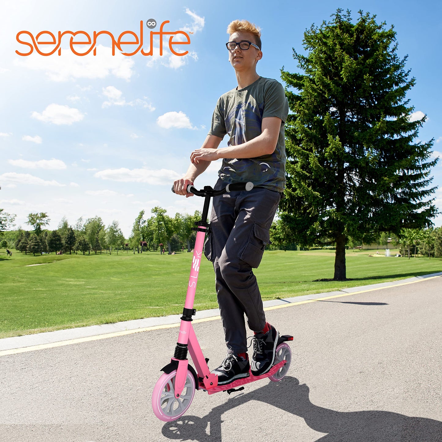 SereneLife Kick Scooter Adult Teenagers Kids- 2 Wheel Kids Scooter with Adjustable T-Bar Handlebar - Alloy Anti-Slip Deck - Portable Folding Scooters for Kids with Carrying Strap