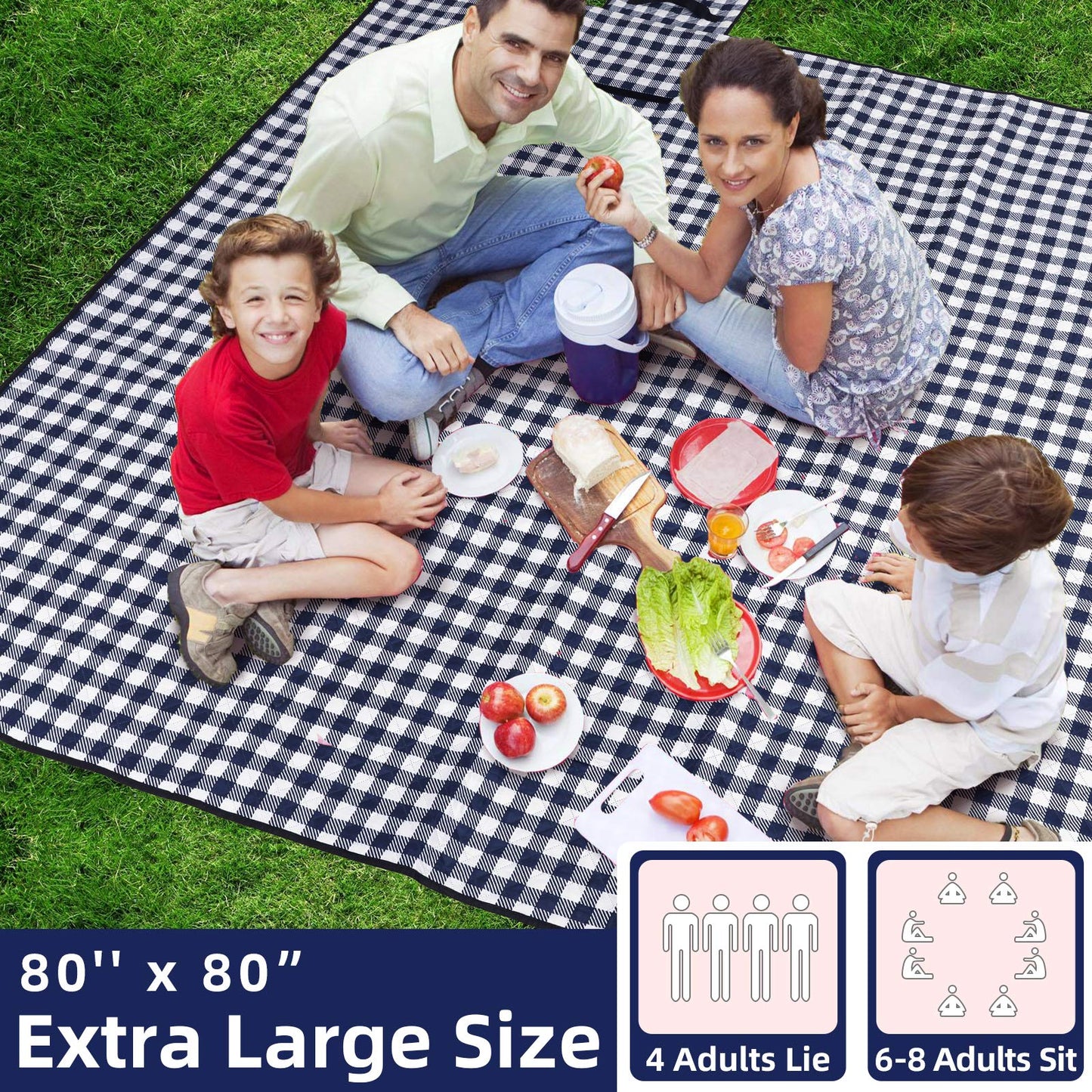ZAZE XL Picnic Blanket 80"x80" — Waterproof, Foldable, Gingham Style for Beach, Camping, or Garden | Ideal for Couples, Weddings, and Green Gifts (Green/White)