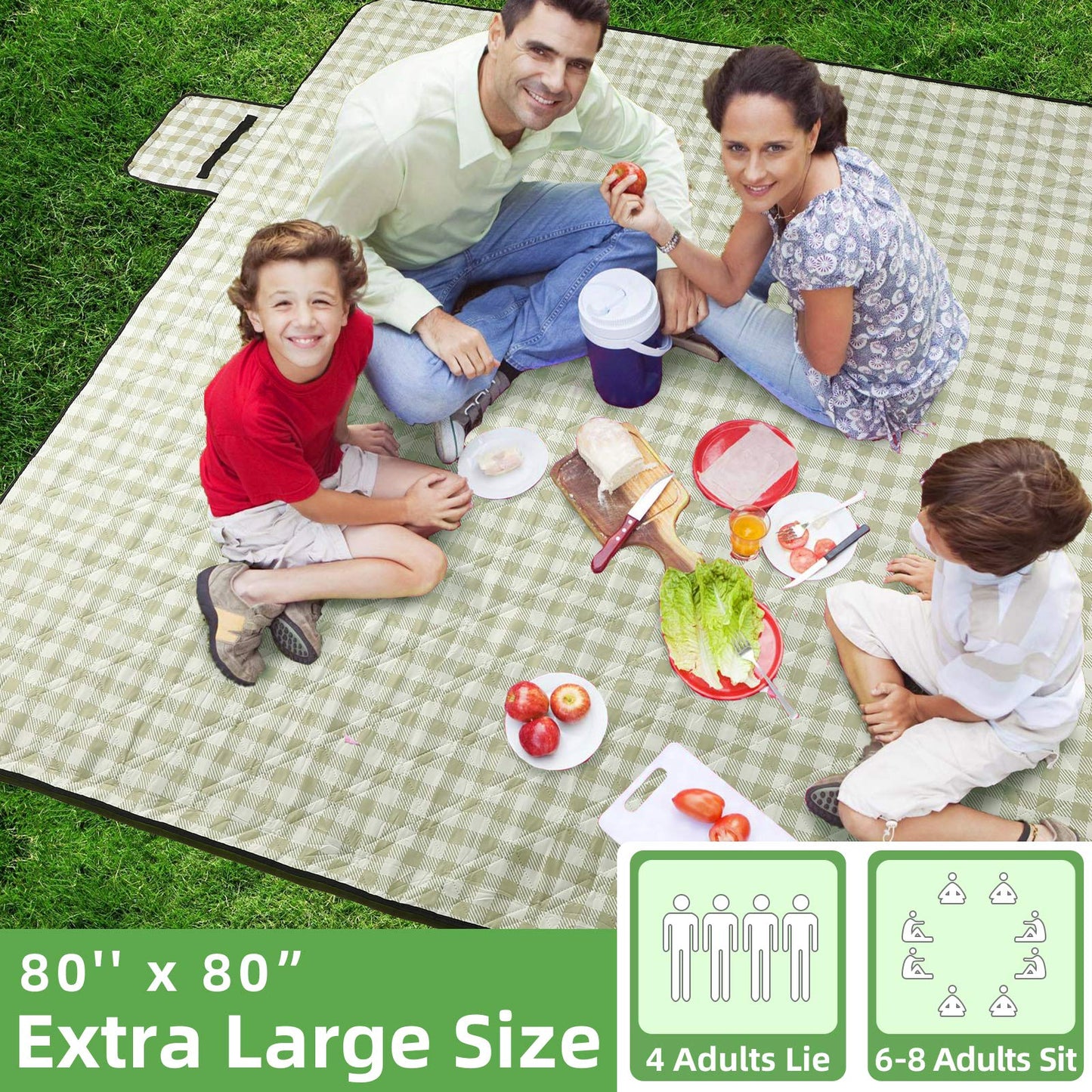 ZAZE XL Picnic Blanket 80"x80" — Waterproof, Foldable, Gingham Style for Beach, Camping, or Garden | Ideal for Couples, Weddings, and Green Gifts (Green/White)