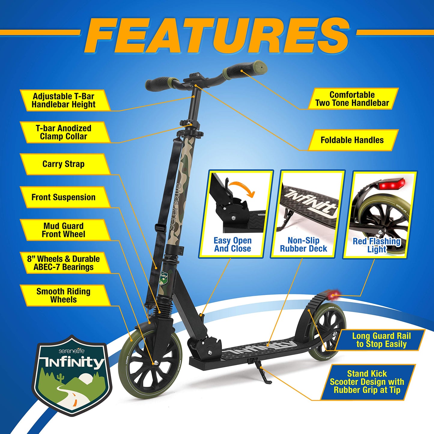 SereneLife Kick Scooter Adult Teenagers Kids- 2 Wheel Kids Scooter with Adjustable T-Bar Handlebar - Alloy Anti-Slip Deck - Portable Folding Scooters for Kids with Carrying Strap