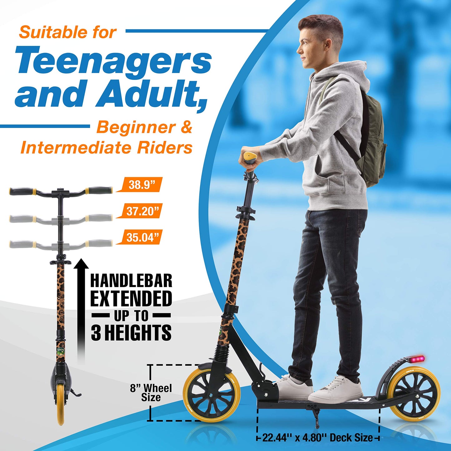 SereneLife Kick Scooter Adult Teenagers Kids- 2 Wheel Kids Scooter with Adjustable T-Bar Handlebar - Alloy Anti-Slip Deck - Portable Folding Scooters for Kids with Carrying Strap
