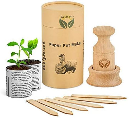 PAPER POT MAKER WOODEN HAND-TOOL- Craft an unlimited supply of biodegradable seedling pots for the garden with this easy to use DIY tool. Makes 1 & 3/4 inch seed starter pots, includes 20 plant labels