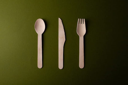 FOOGO Green Juego de cubiertos de madera desechables | 50 tenedores, 50 cucharas, 50 cuchillos | Compostables biodegradables| Juego de cubiertos ecológicos | pícnic de fiesta