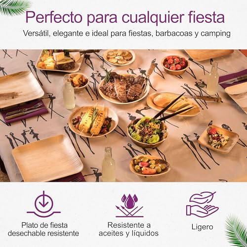 Waipur Platos Hoja de Palma Orgánicos - 25 Platos Desechables Cuadrados 25x25 cm -