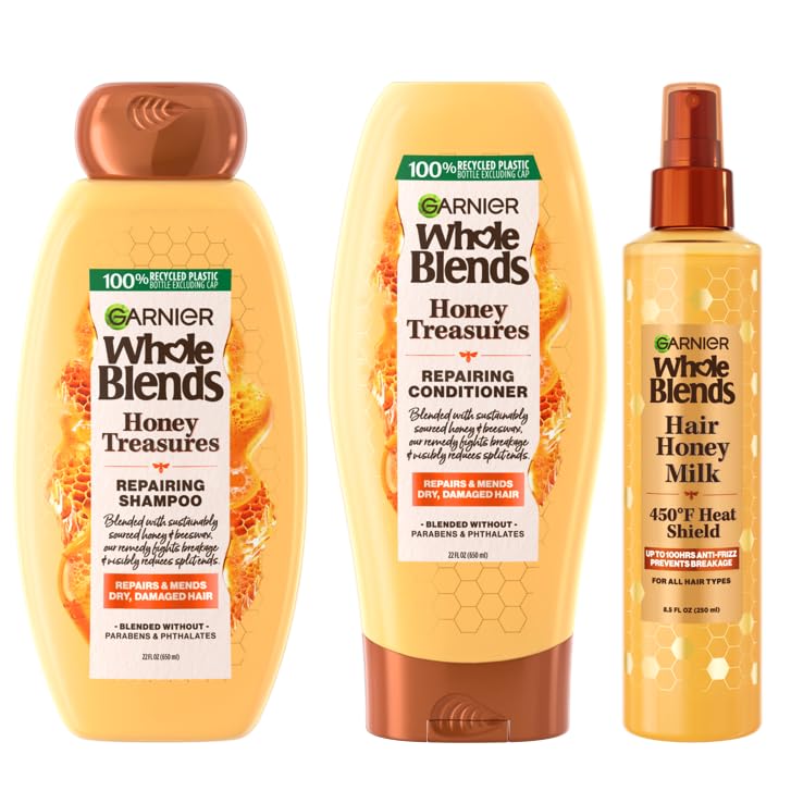 Garnier Whole Blends Honey Treasures Repairing Shampoo, for Dry, Damaged Hair, 22 Fl Oz, 2 Count (Packaging May Vary)