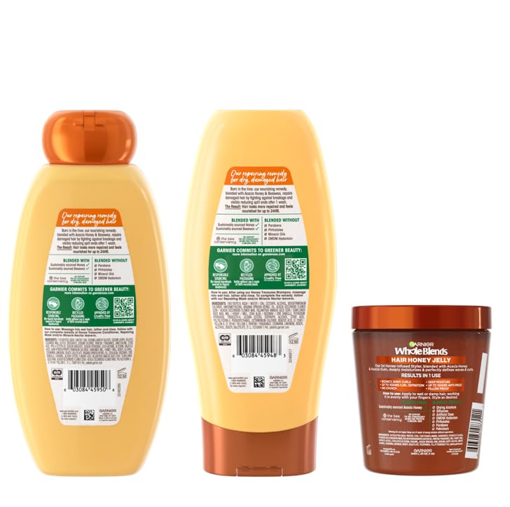 Garnier Whole Blends Honey Treasures Repairing Shampoo, for Dry, Damaged Hair, 22 Fl Oz, 2 Count (Packaging May Vary)