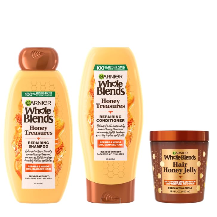 Garnier Whole Blends Honey Treasures Repairing Shampoo, for Dry, Damaged Hair, 22 Fl Oz, 2 Count (Packaging May Vary)