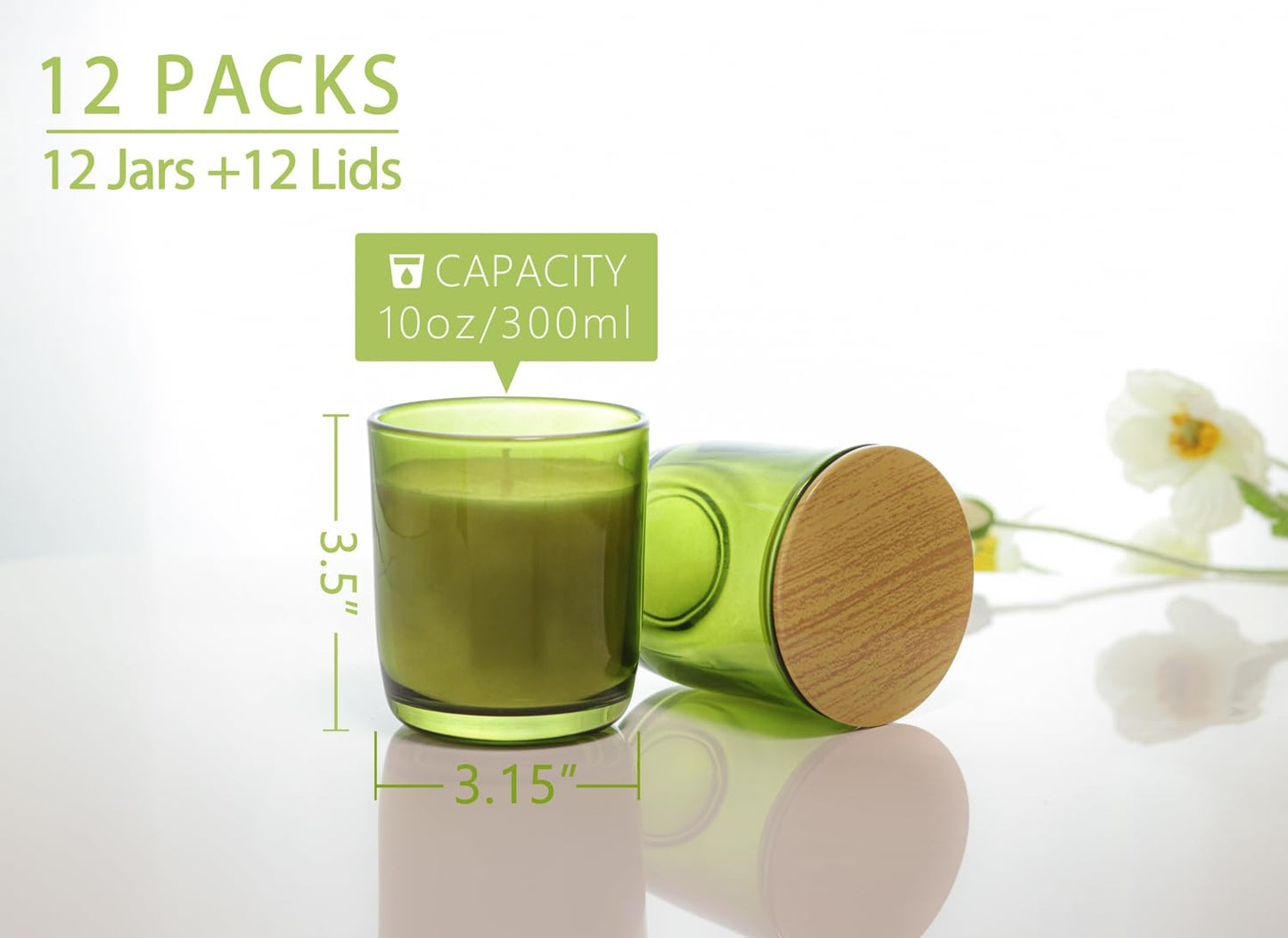 Aroparc Candle Jars for Candle Making 10oz U Shape Base Tumbler Jars for Candle DIY, Wholesale Bulk Candle Jars 12 Jars+12 Metal Lids - Green